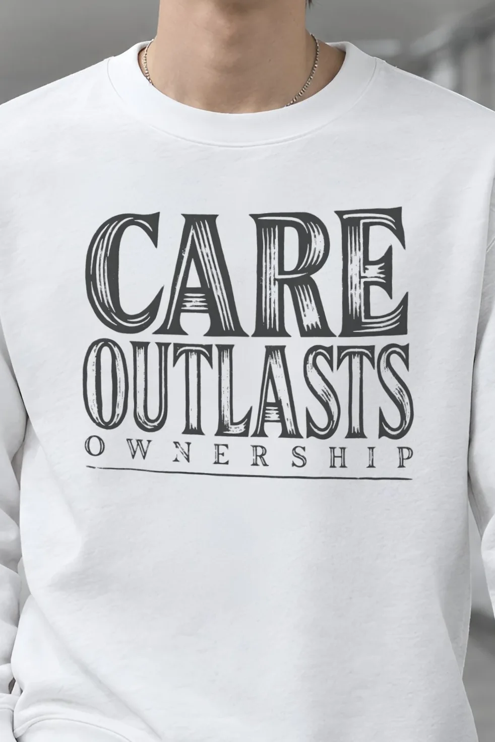 "Care Outlasts Ownership" Heavy Blend Unisex Crewneck Sweatshirt - the graphic up close