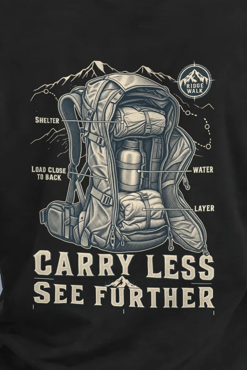 "Carry Less See Further" Heavyweight Unisex Crewneck T-shirt - the graphic up close