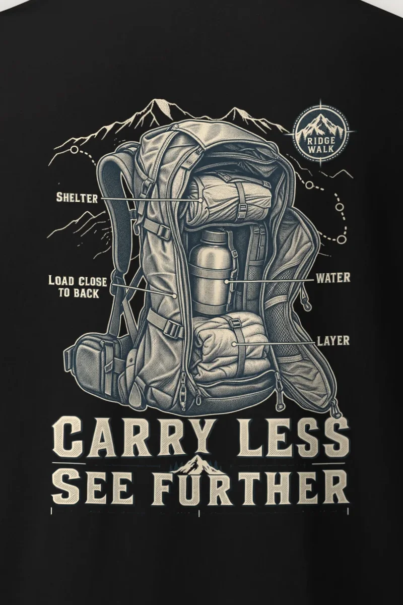 "Carry Less See Further" Heavyweight Unisex Crewneck T-shirt - the graphic up close