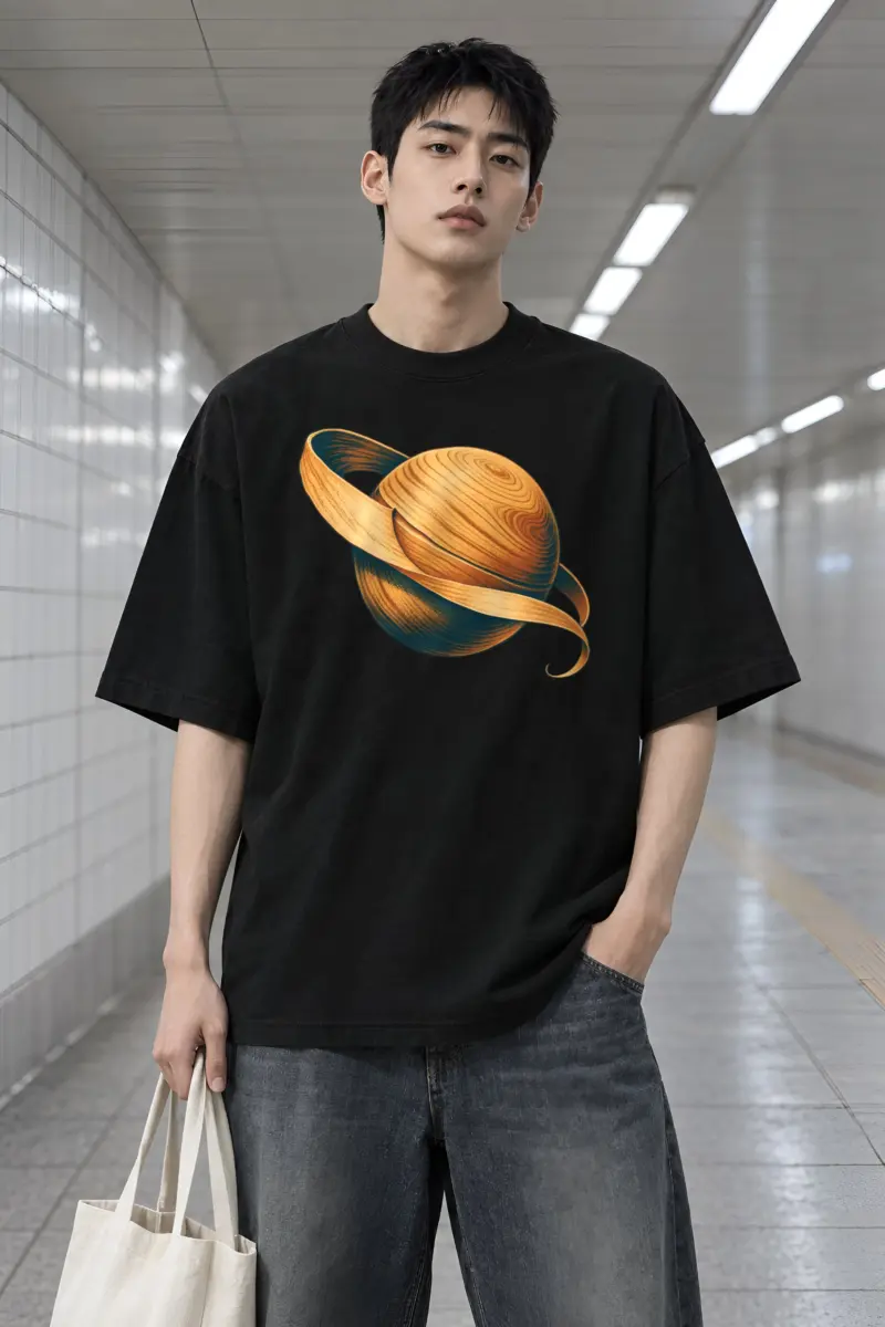 "Carved Wood Saturn" Men's Oversized Heavyweight Crewneck T-Shirt