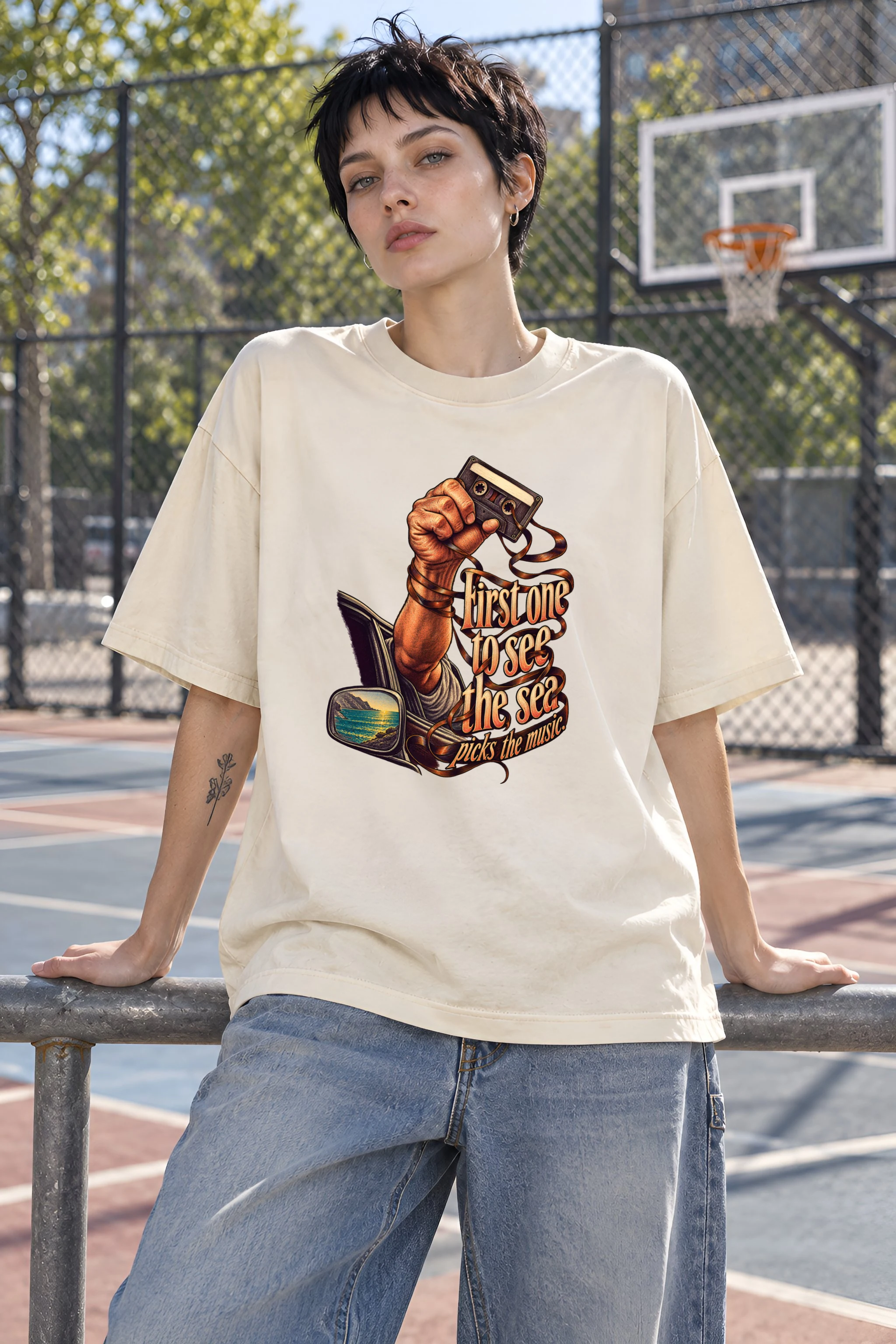 "Cassette And Coastal Sunset" Unisex Oversized Heavyweight Crewneck T-Shirt