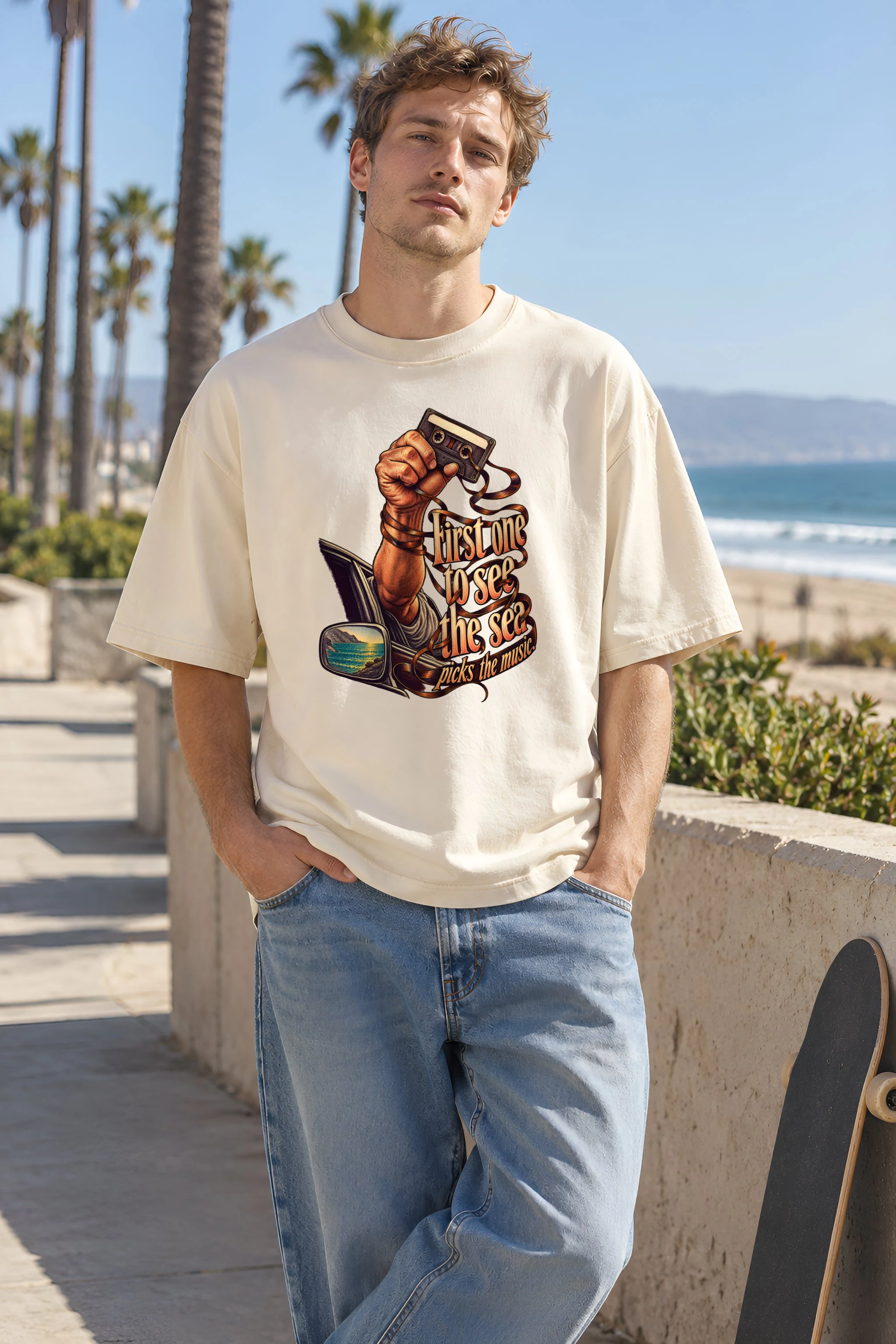 "Cassette And Coastal Sunset" Unisex Oversized Heavyweight Crewneck T-Shirt