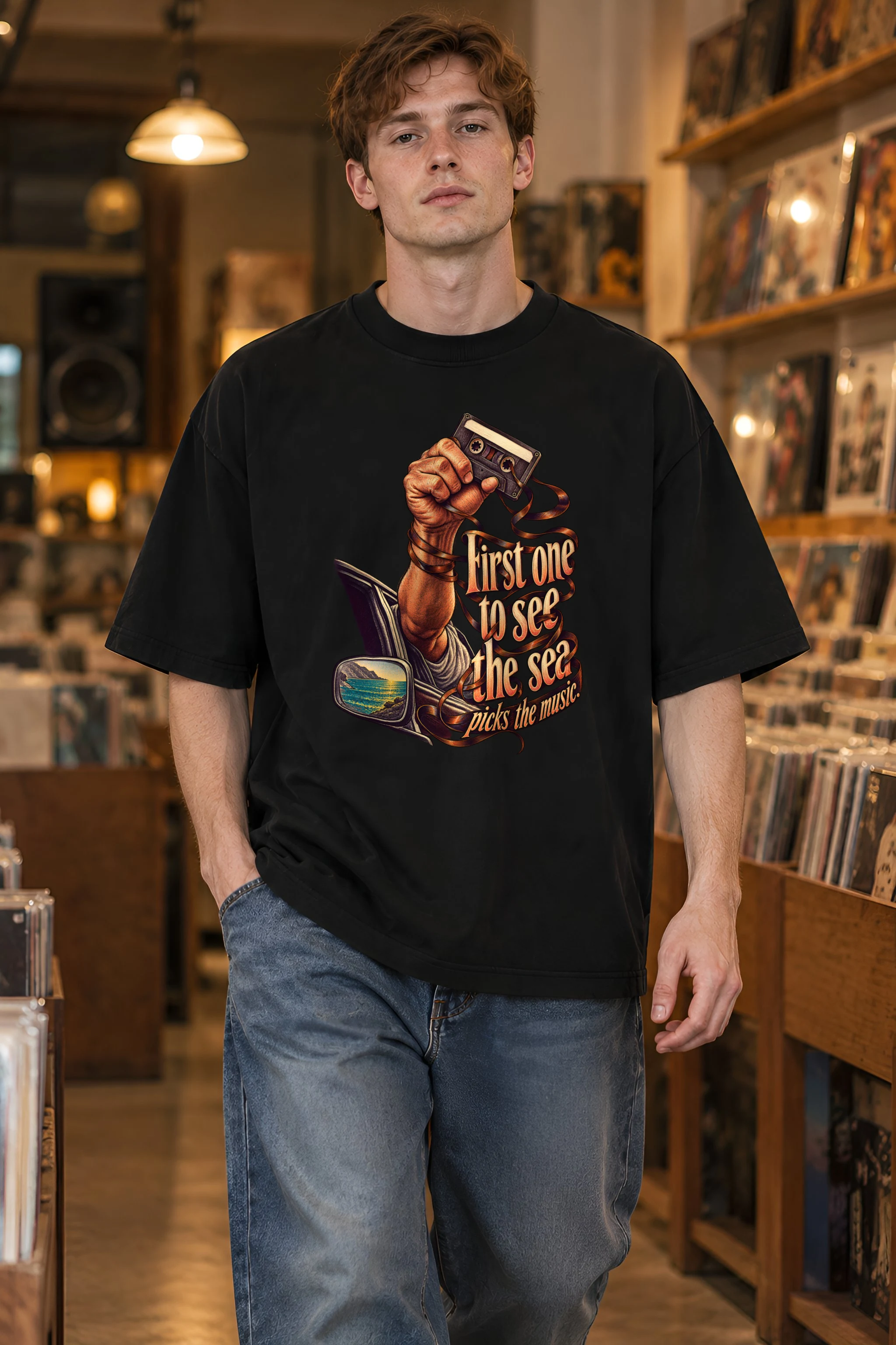"Cassette And Coastal Sunset" Unisex Oversized Heavyweight Crewneck T-Shirt