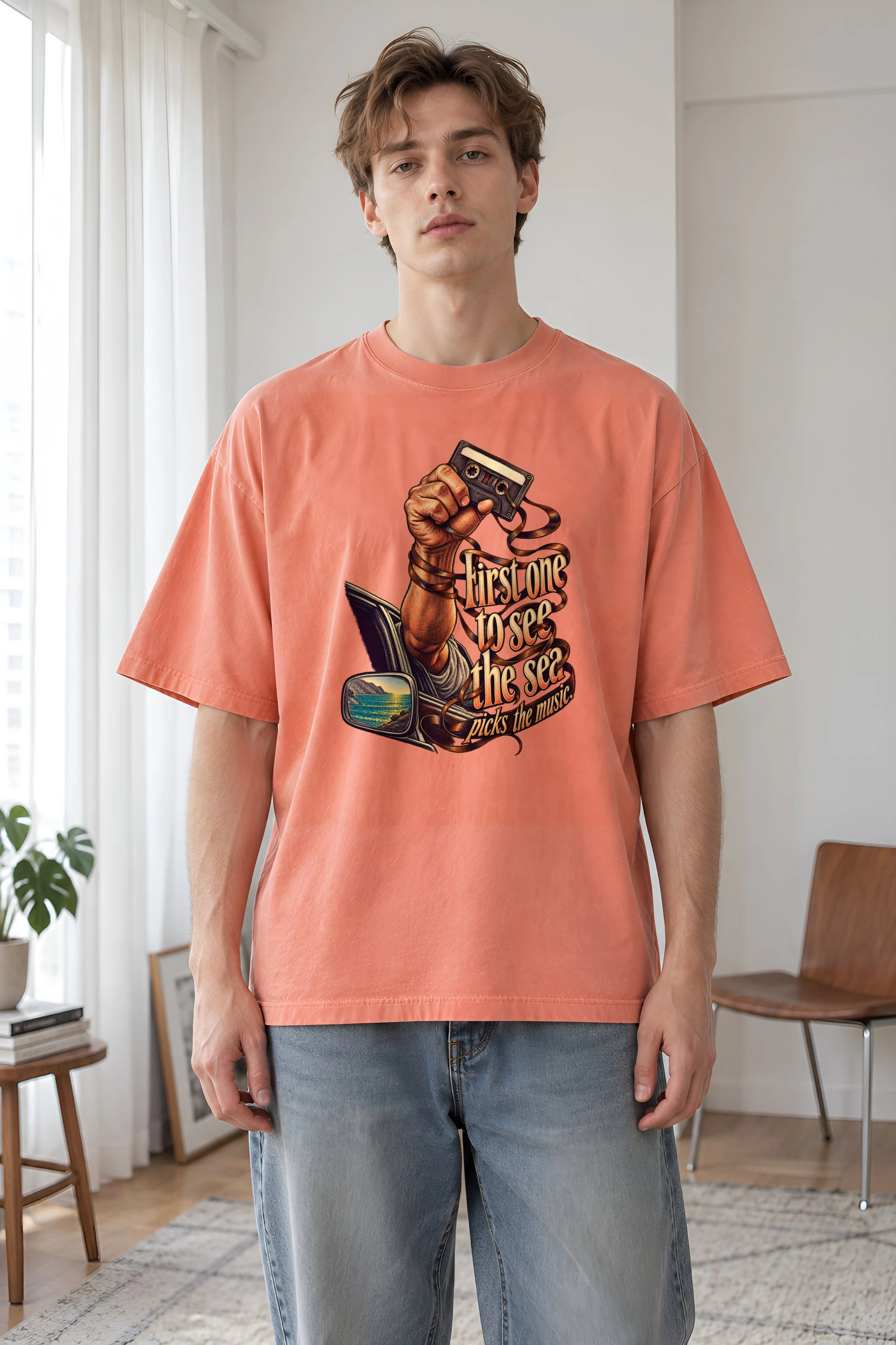 "Cassette And Coastal Sunset" Unisex Oversized Heavyweight Crewneck T-Shirt