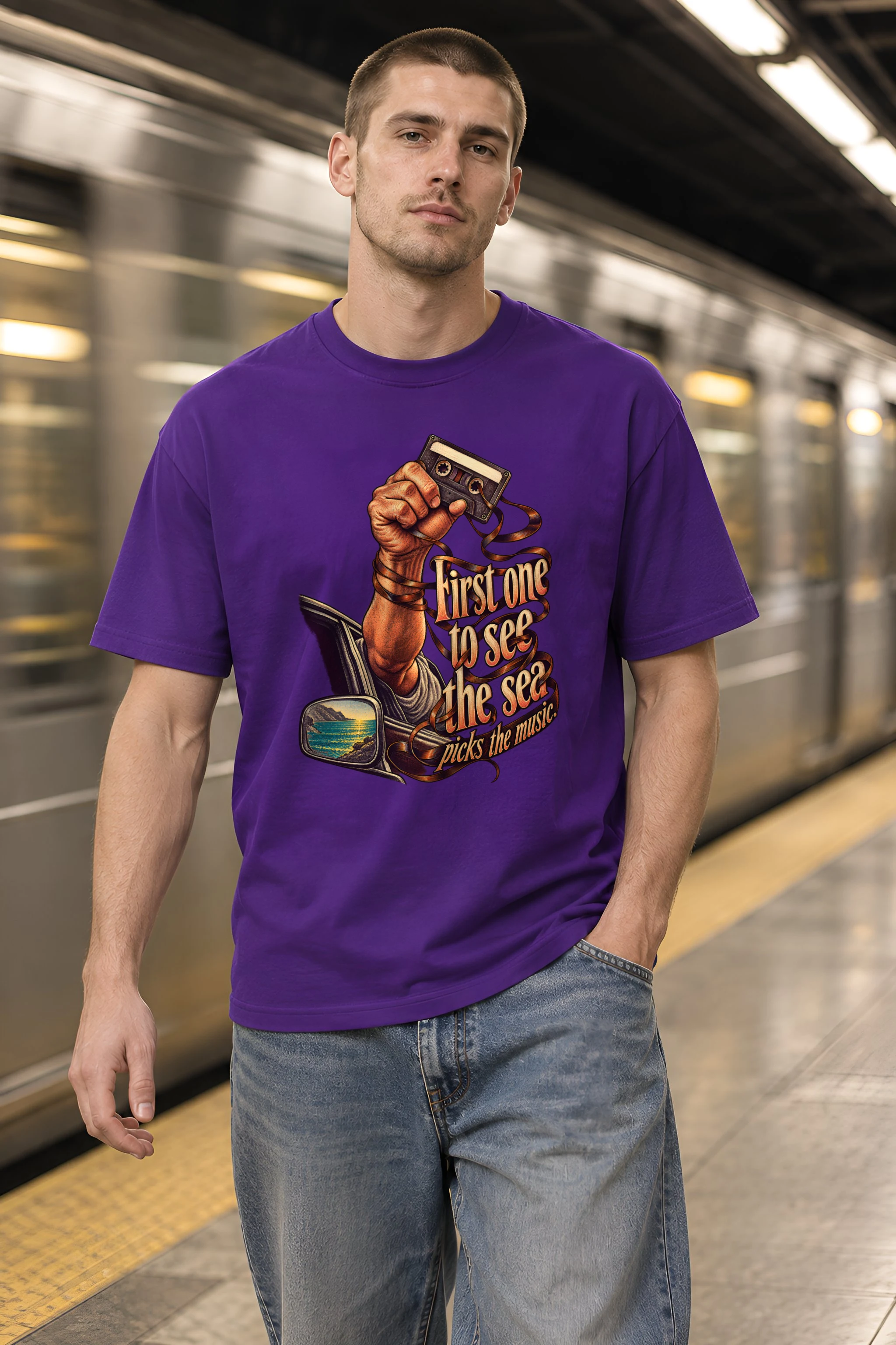 "Cassette And Sea" Heavyweight Unisex Crewneck T-shirt