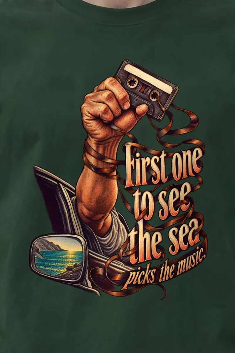 "Cassette And Sea" Heavyweight Unisex Crewneck T-shirt - the graphic up close