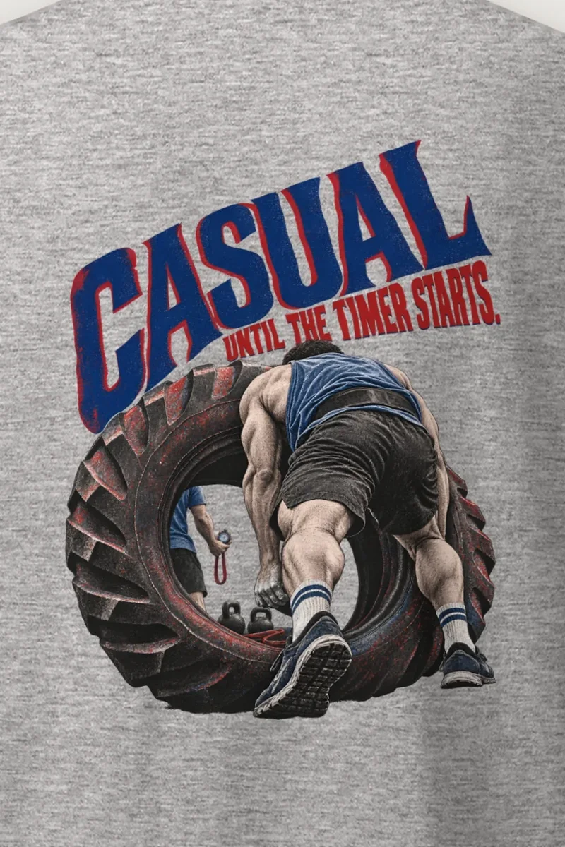 "Casual Until the Timer Starts" Heavyweight Unisex Crewneck T-shirt - the graphic up close