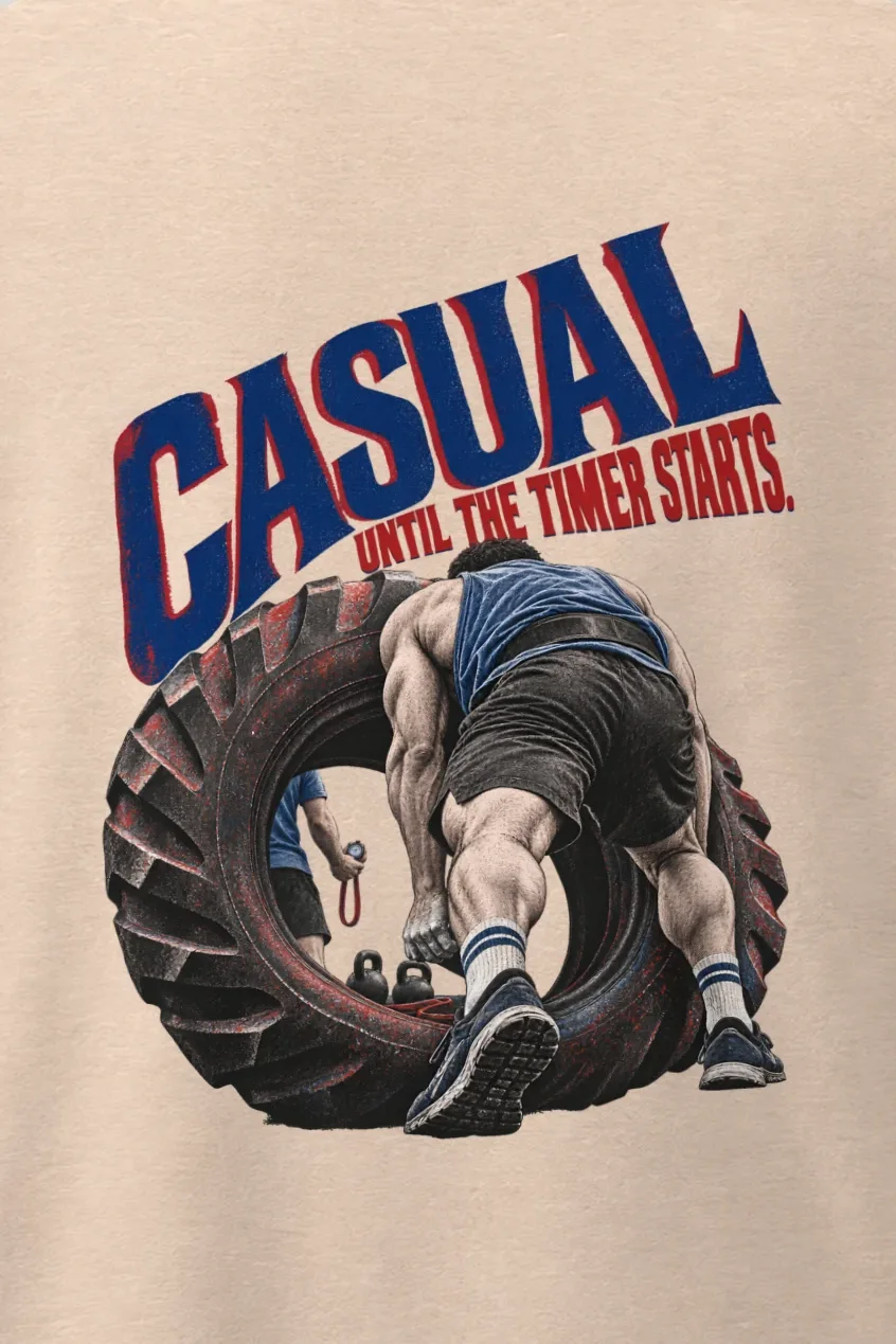 "Casual Until the Timer Starts" Men’s Oversized Heavyweight Crewneck T-Shirt - the graphic up close