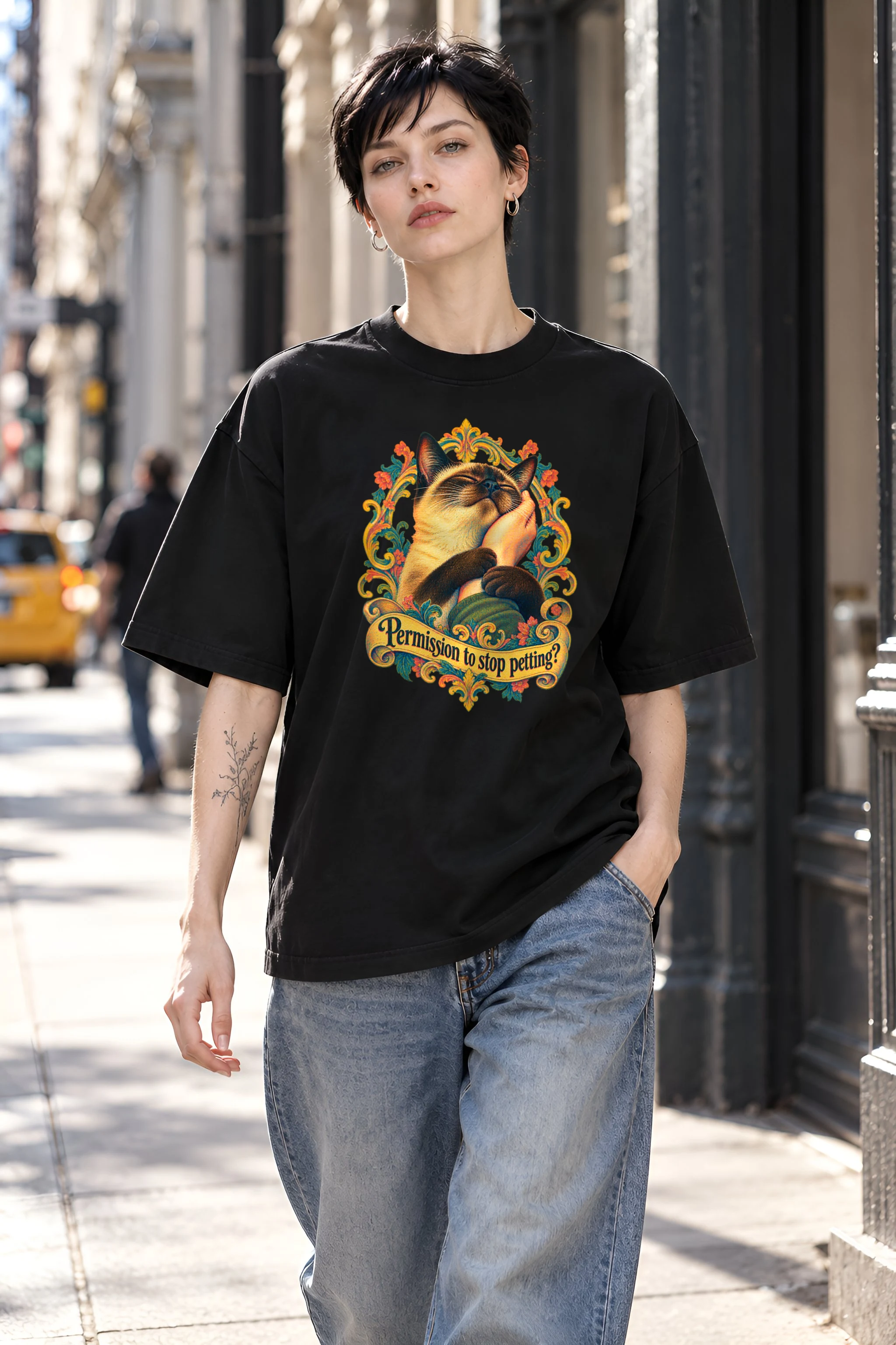 "Cat Clasping A Hand" Unisex Oversized Heavyweight Crewneck T-Shirt