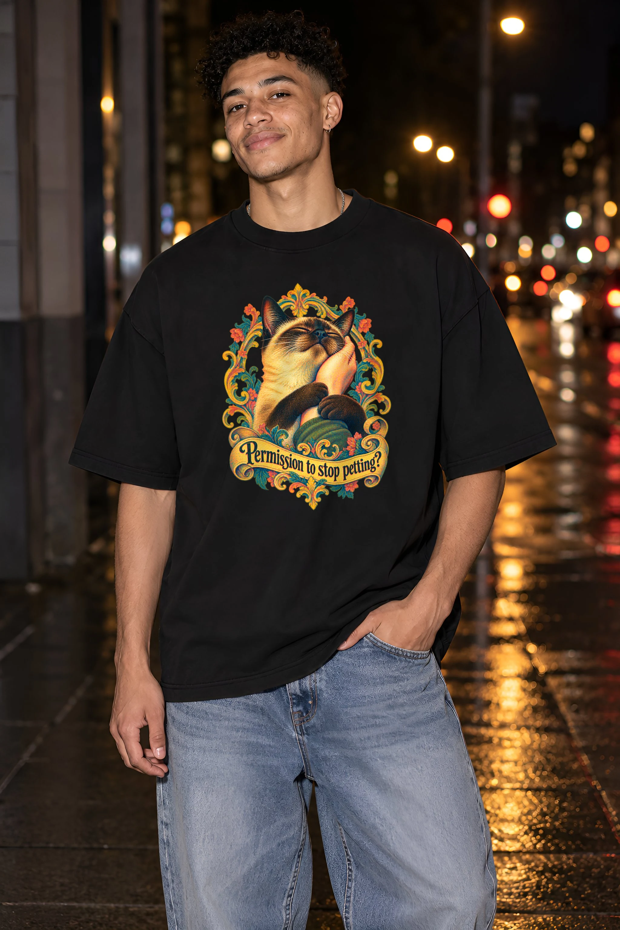 "Cat Clasping A Hand" Unisex Oversized Heavyweight Crewneck T-Shirt