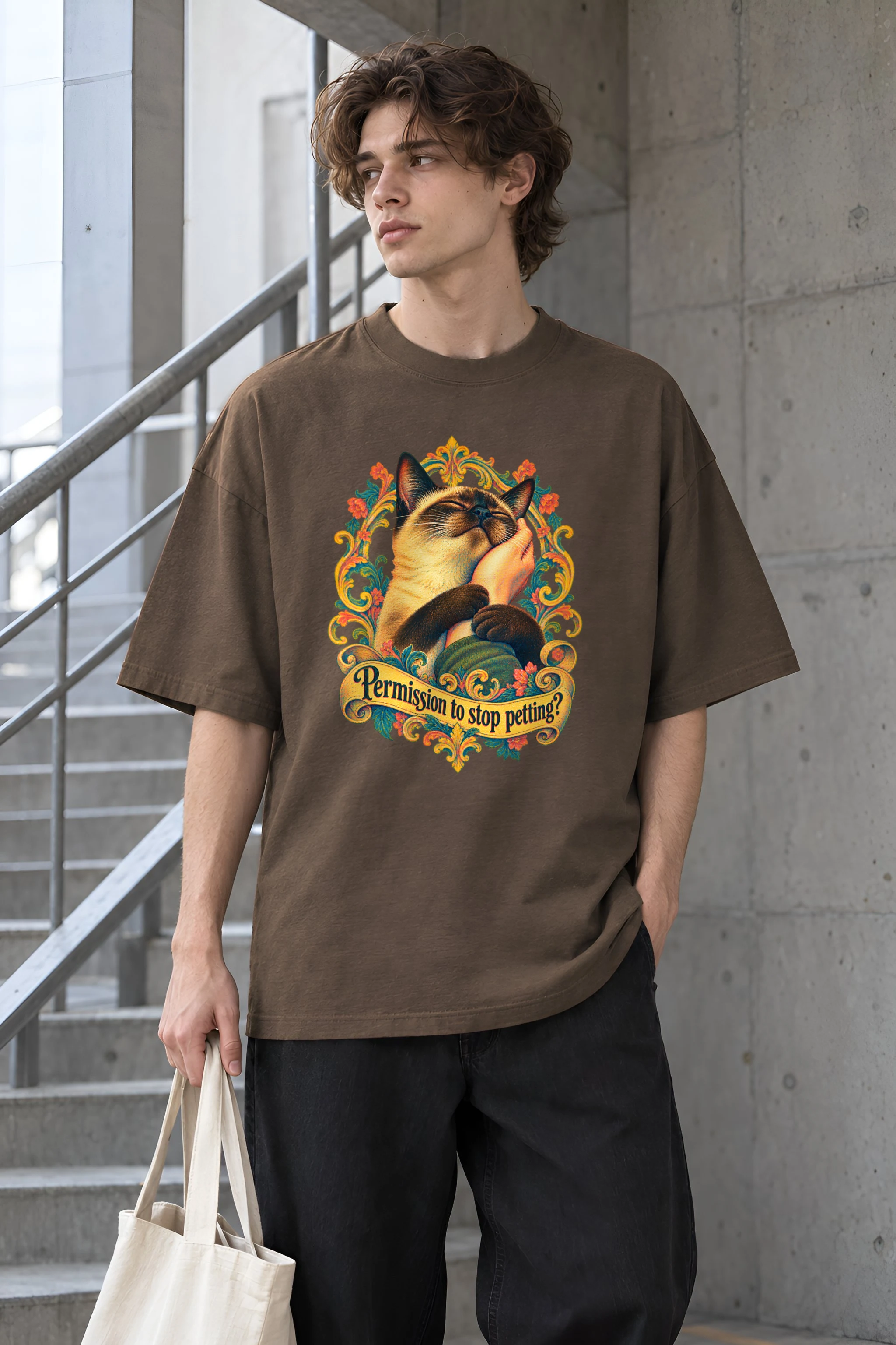 "Cat Clasping A Hand" Unisex Oversized Heavyweight Crewneck T-Shirt