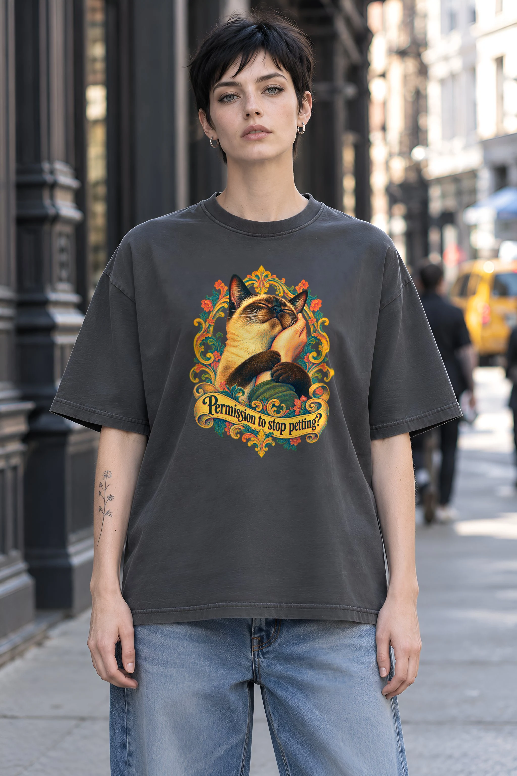 "Cat Clasping A Hand" Unisex Oversized Heavyweight Crewneck T-Shirt