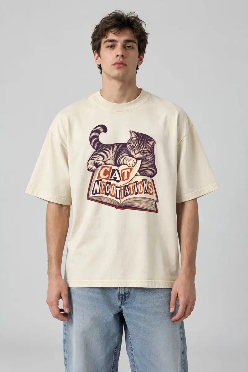 “Cat Negotiations” Men’s Oversized Heavyweight Crewneck T-Shirt