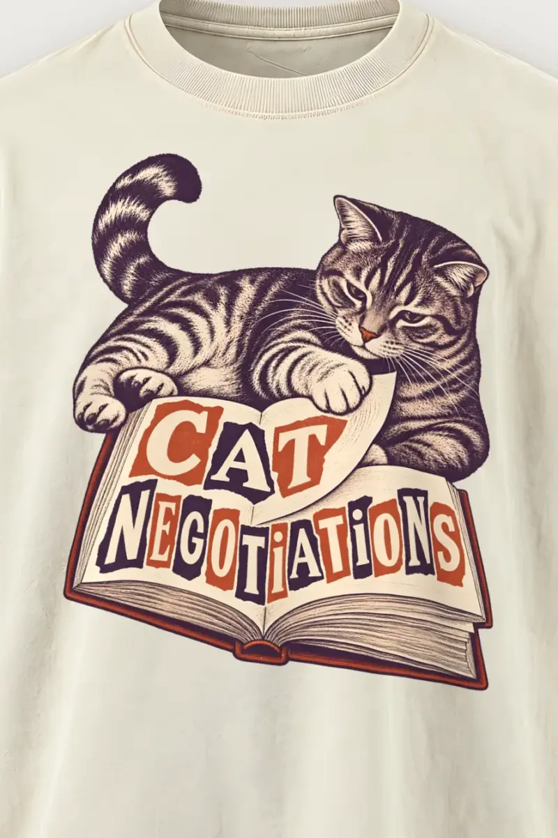 "Cat Negotiations" Men’s Oversized Heavyweight Crewneck T-Shirt - the graphic up close