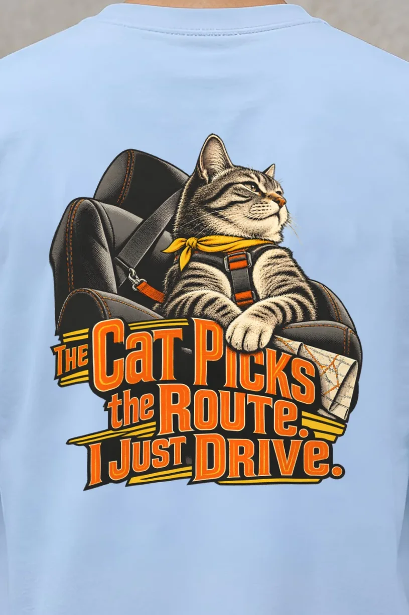 "Cat Picks The Route" Heavyweight Unisex Crewneck T-shirt - the graphic up close