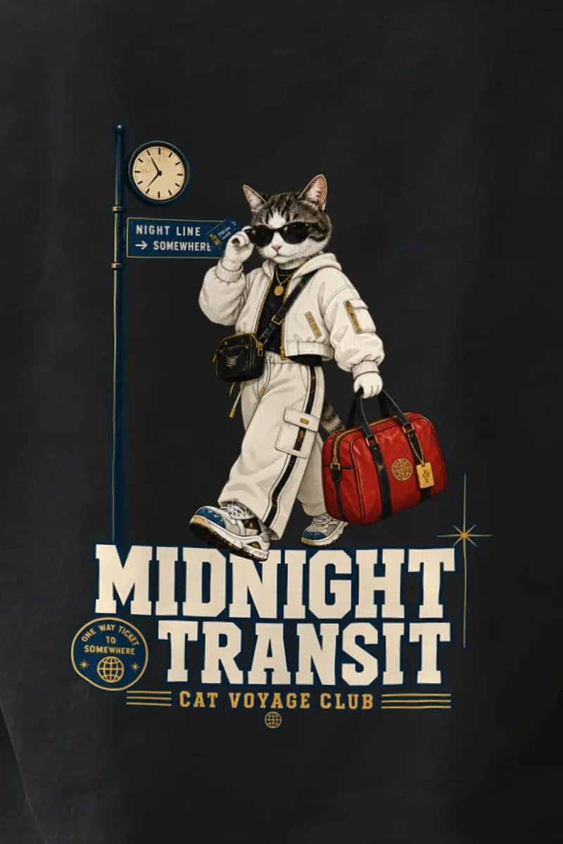 "Cat Voyage Club" Heavyweight Unisex Crewneck T-shirt - the graphic up close