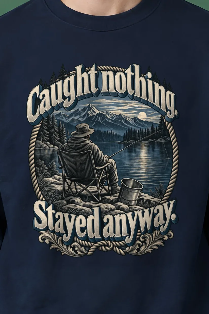 "Caught Nothing. Stayed Anyway." Heavy Blend Unisex Crewneck Sweatshirt - the graphic up close