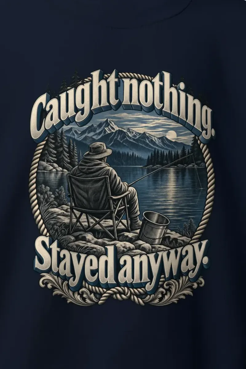 "Caught Nothing. Stayed Anyway." Heavy Blend Unisex Crewneck Sweatshirt - the graphic up close