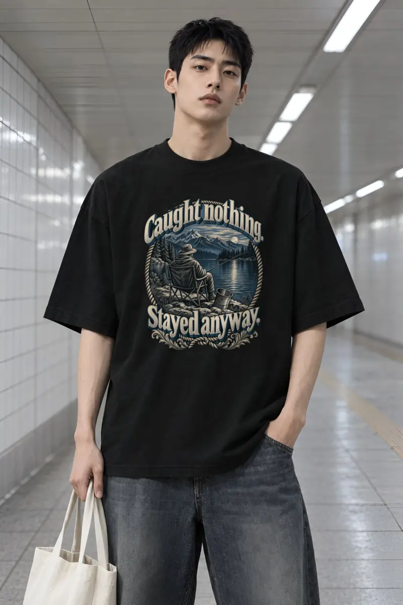 "Caught Nothing Stayed Anyway" Men's Oversized Heavyweight Crewneck T-Shirt
