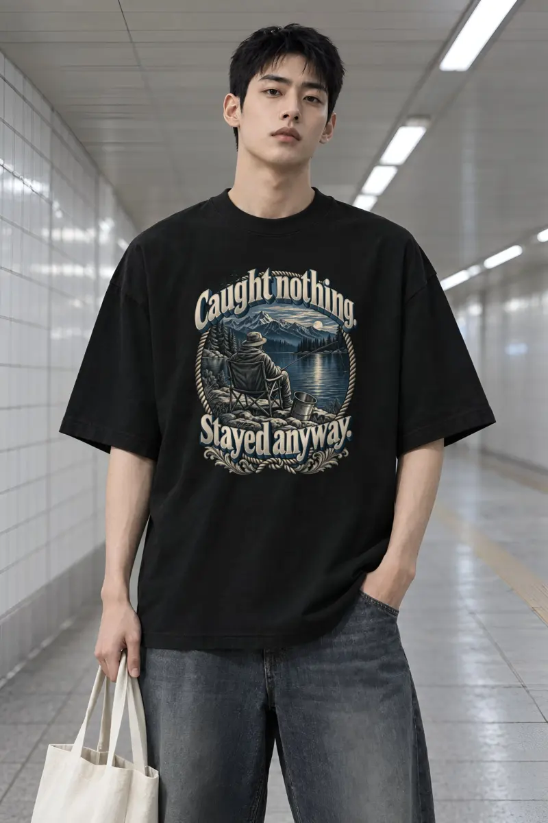 "Caught Nothing Stayed Anyway" Men's Oversized Heavyweight Crewneck T-Shirt