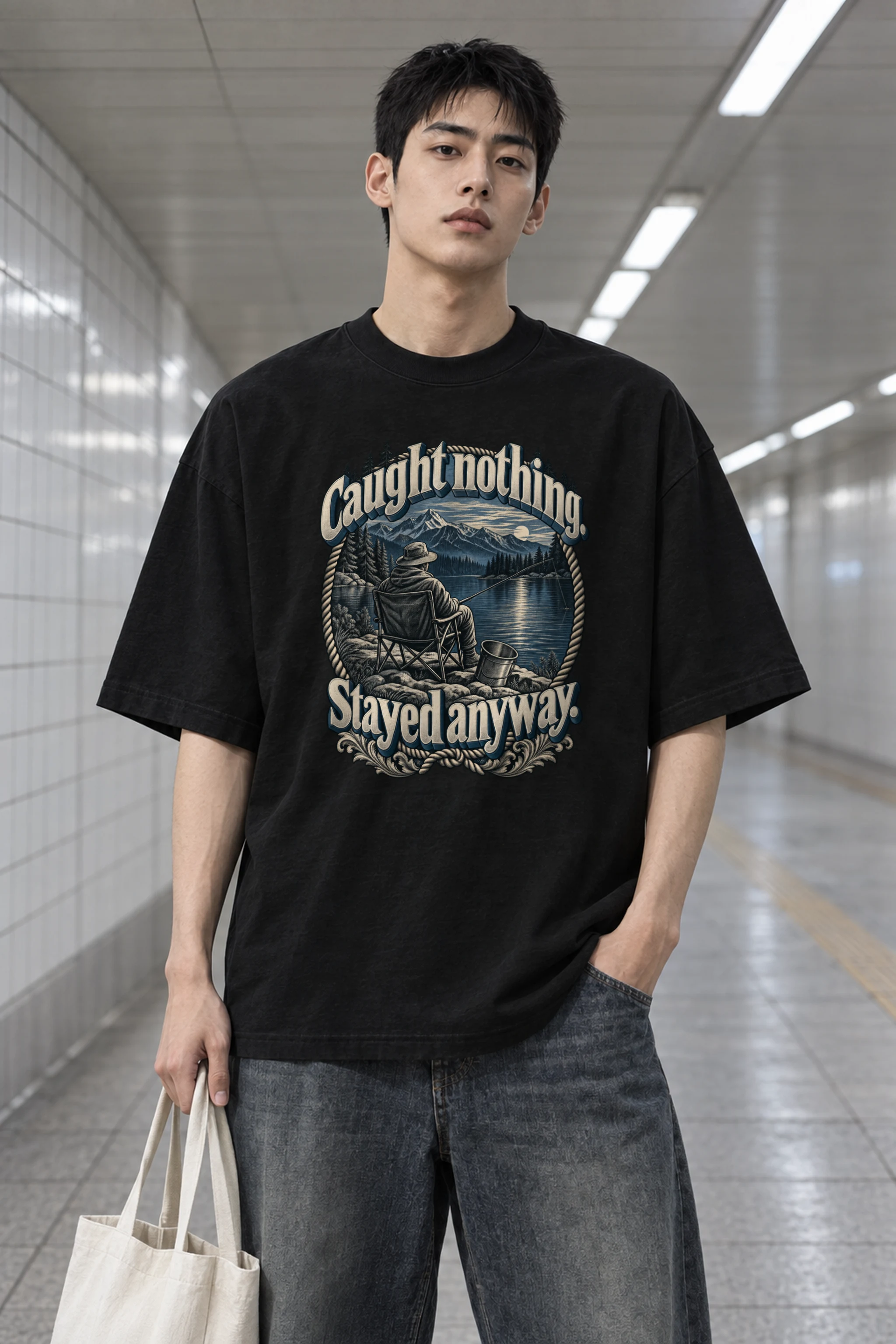 "Caught Nothing Stayed Anyway" Men's Oversized Heavyweight Crewneck T-Shirt