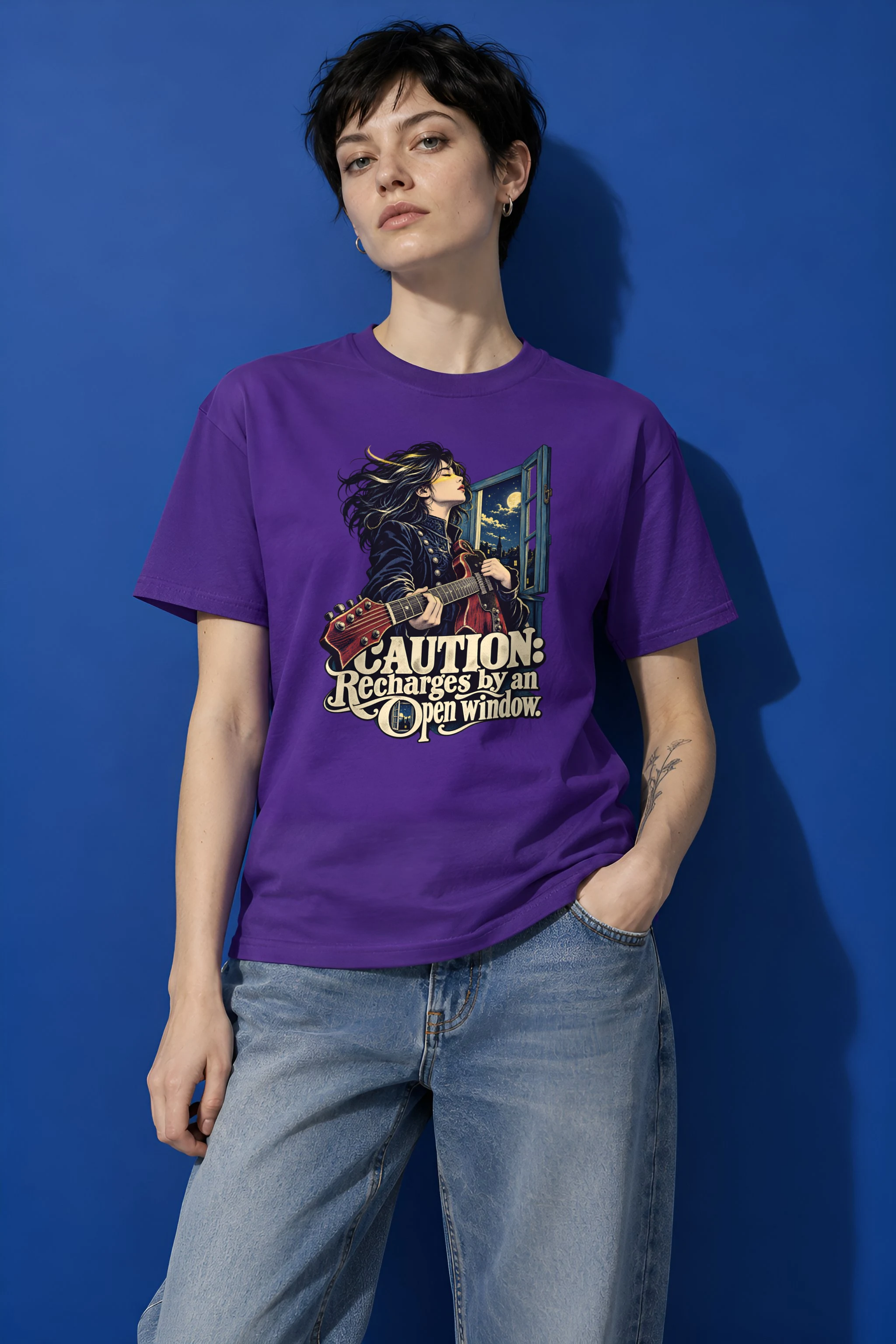 "Caution Recharges by an Open Window" Heavyweight Unisex Crewneck T-shirt