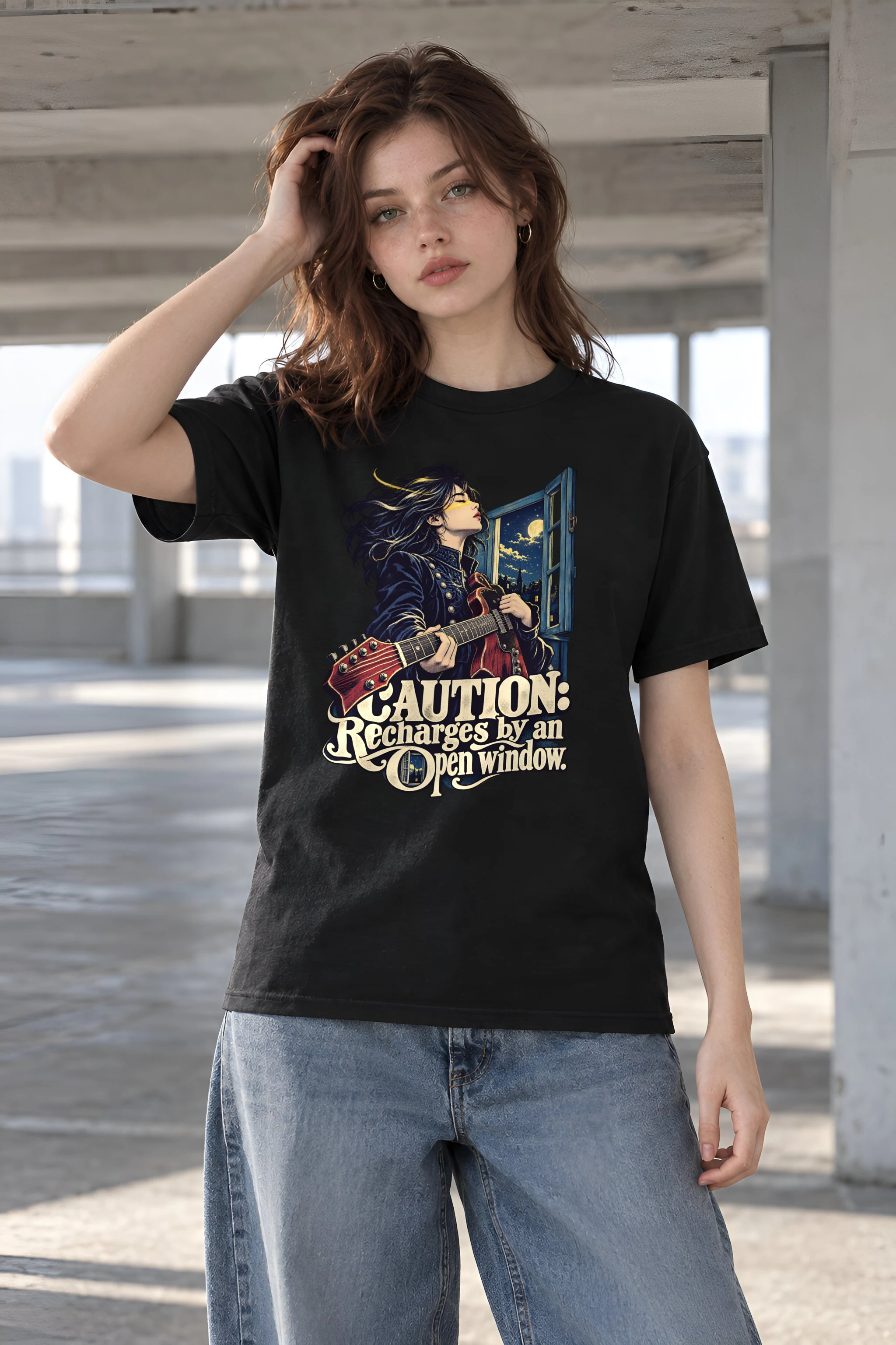 "Caution Recharges by an Open Window" Heavyweight Unisex Crewneck T-shirt