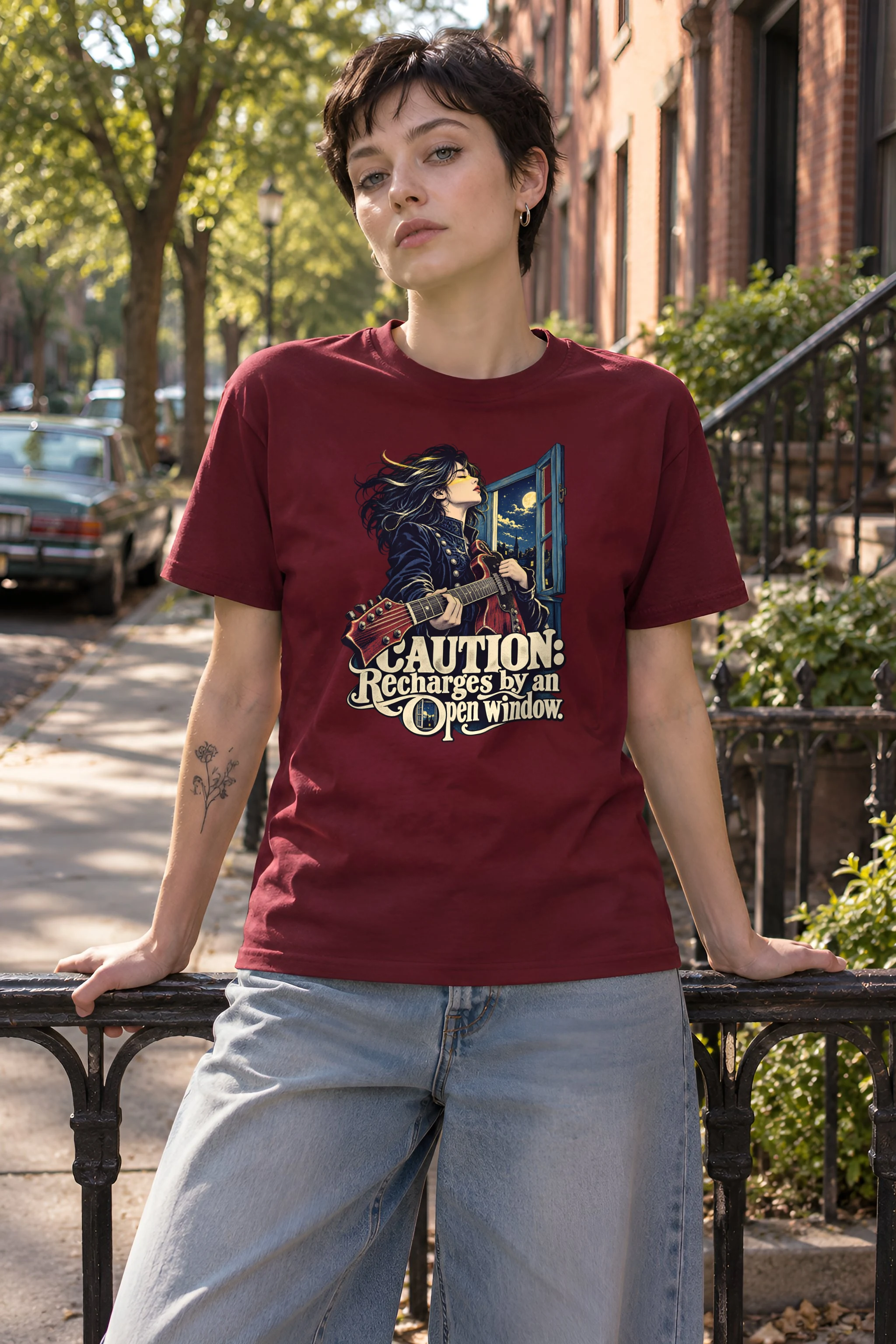 "Caution Recharges by an Open Window" Heavyweight Unisex Crewneck T-shirt