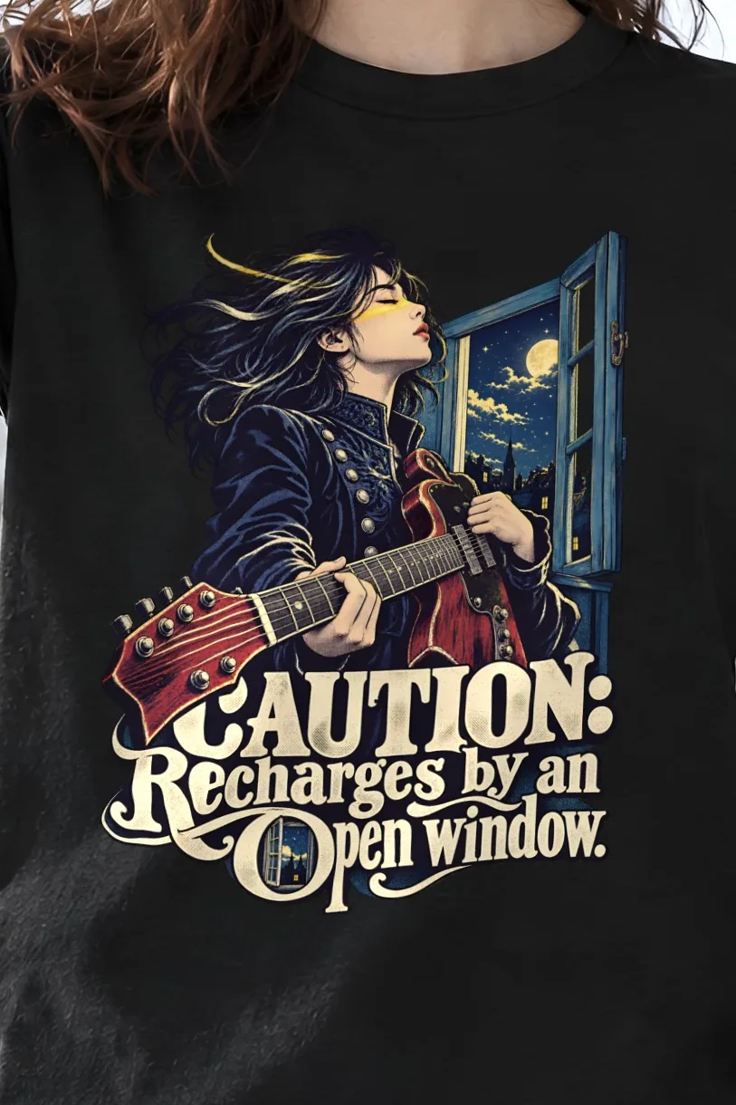 "Caution Recharges by an Open Window" Heavyweight Unisex Crewneck T-shirt - the graphic up close