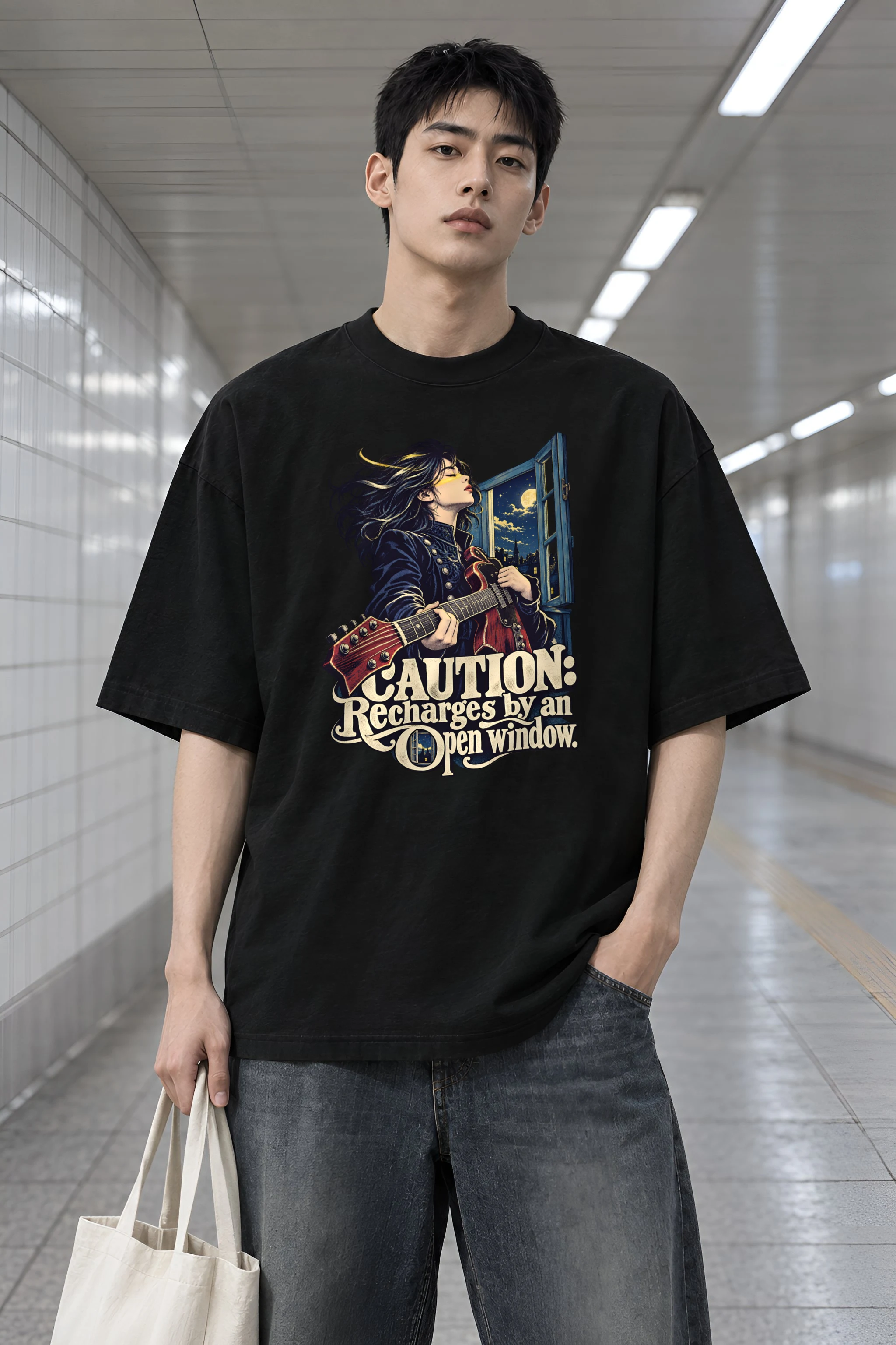 "Caution Recharges by an Open Window" Unisex Oversized Heavyweight Crewneck T-Shirt