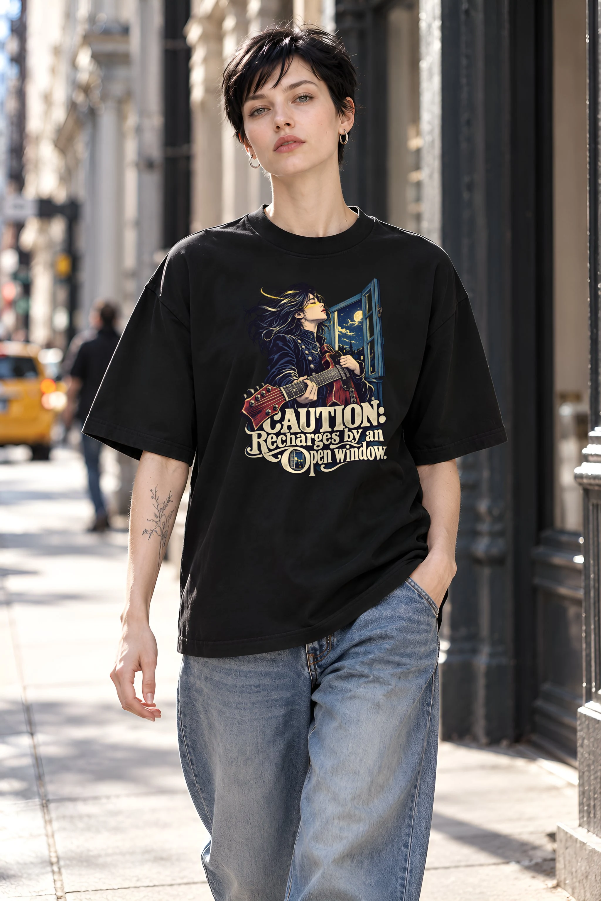 "Caution Recharges by an Open Window" Unisex Oversized Heavyweight Crewneck T-Shirt