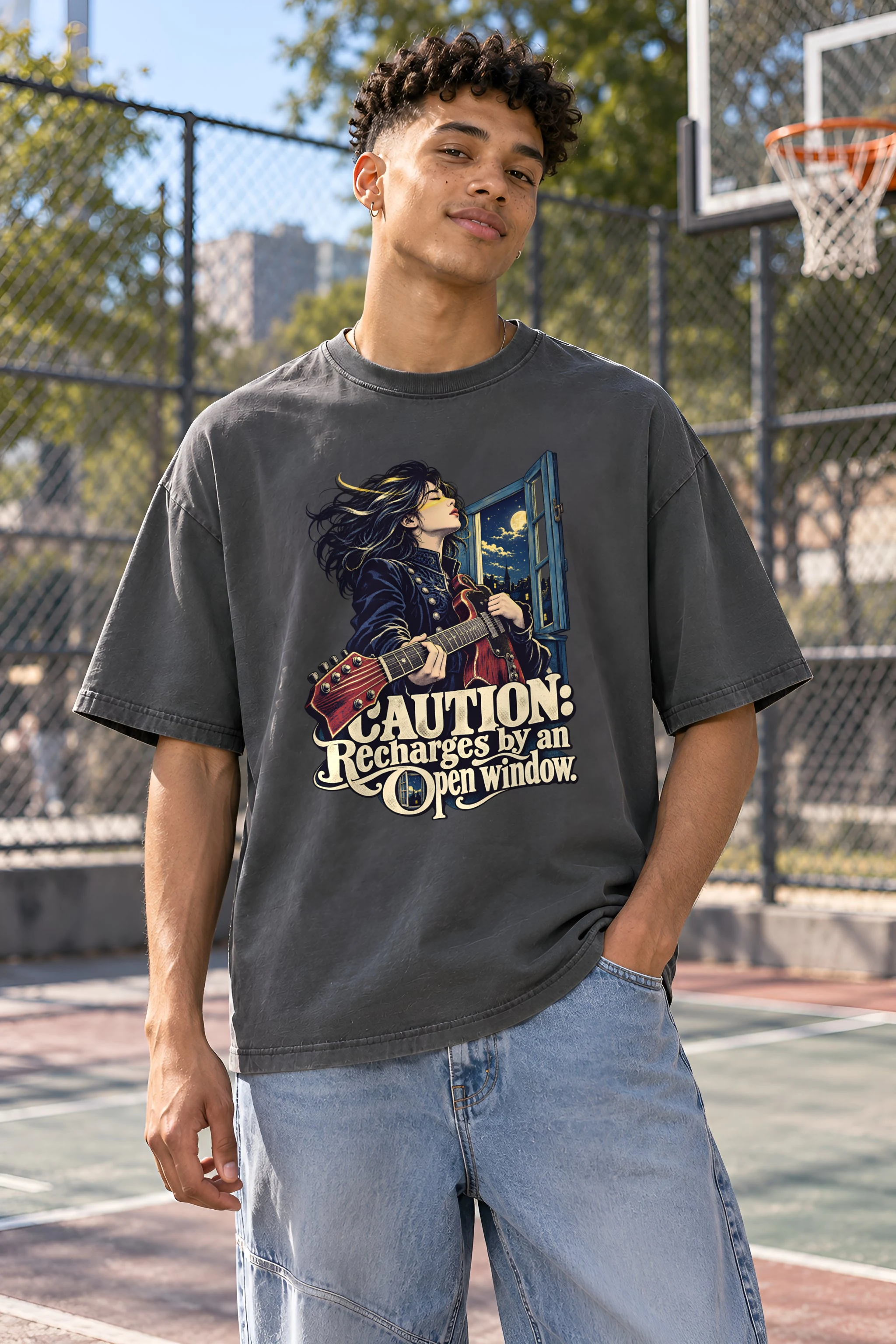 "Caution Recharges by an Open Window" Unisex Oversized Heavyweight Crewneck T-Shirt