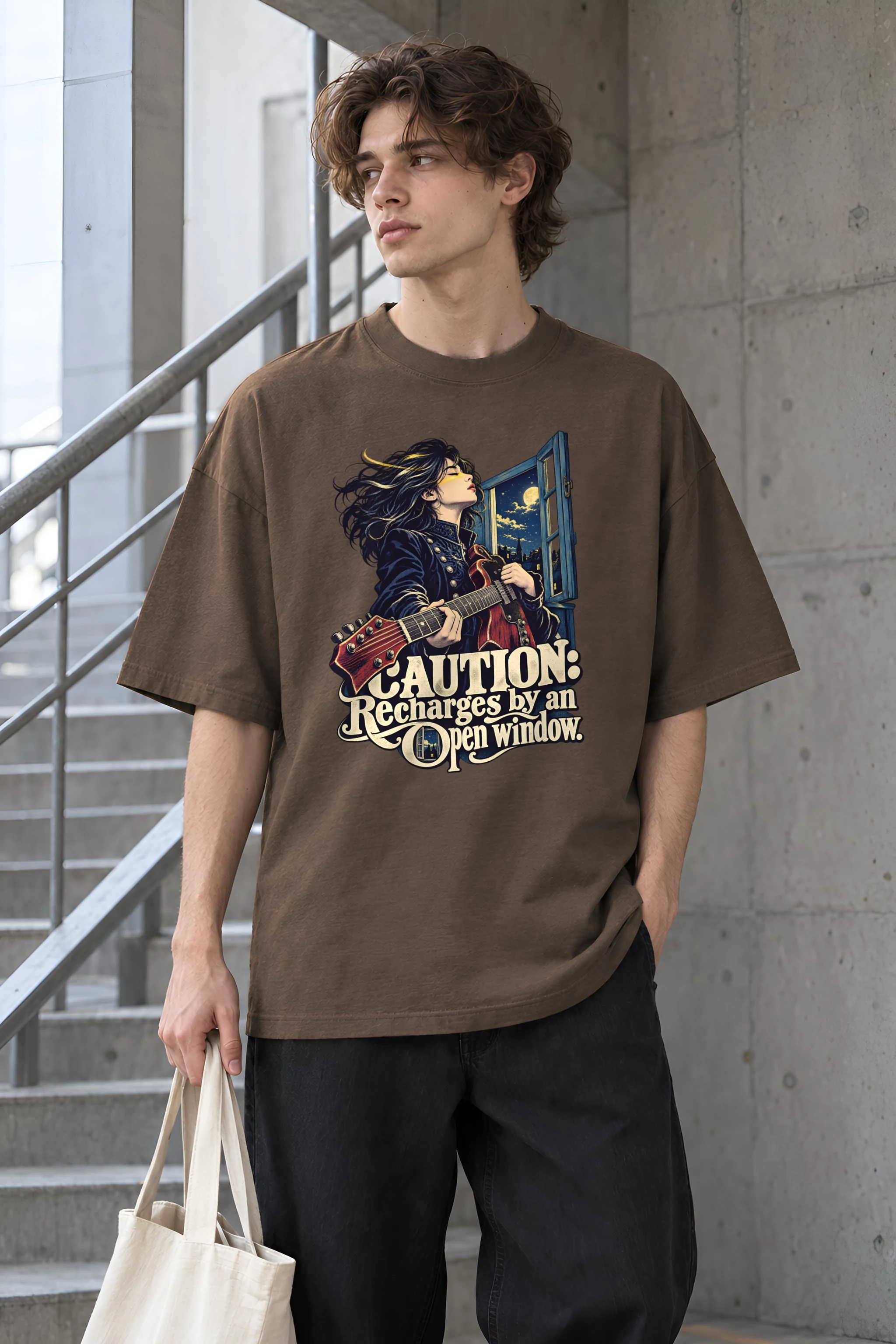 "Caution Recharges by an Open Window" Unisex Oversized Heavyweight Crewneck T-Shirt