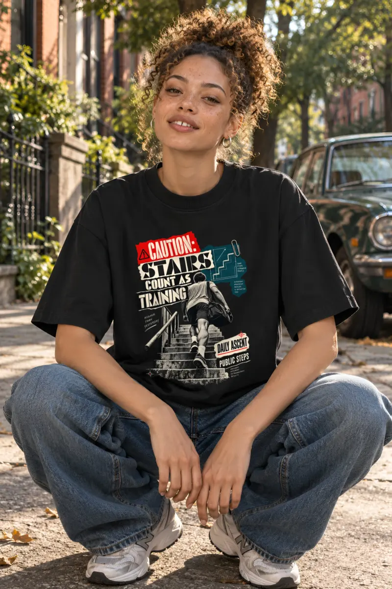 "Caution: Stairs Count As Training" Unisex Oversized Heavyweight Crewneck T-Shirt