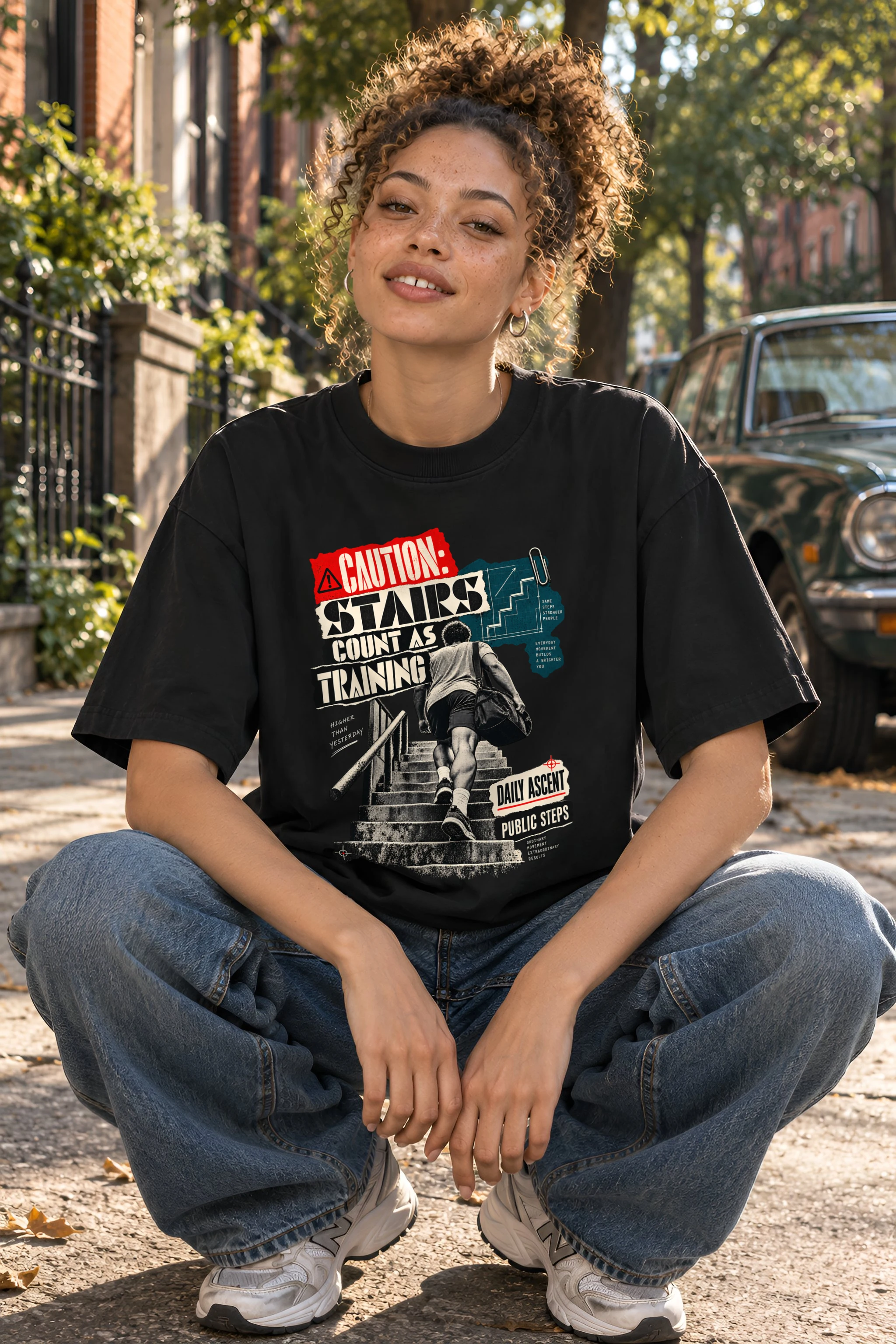 "Caution: Stairs Count As Training" Unisex Oversized Heavyweight Crewneck T-Shirt