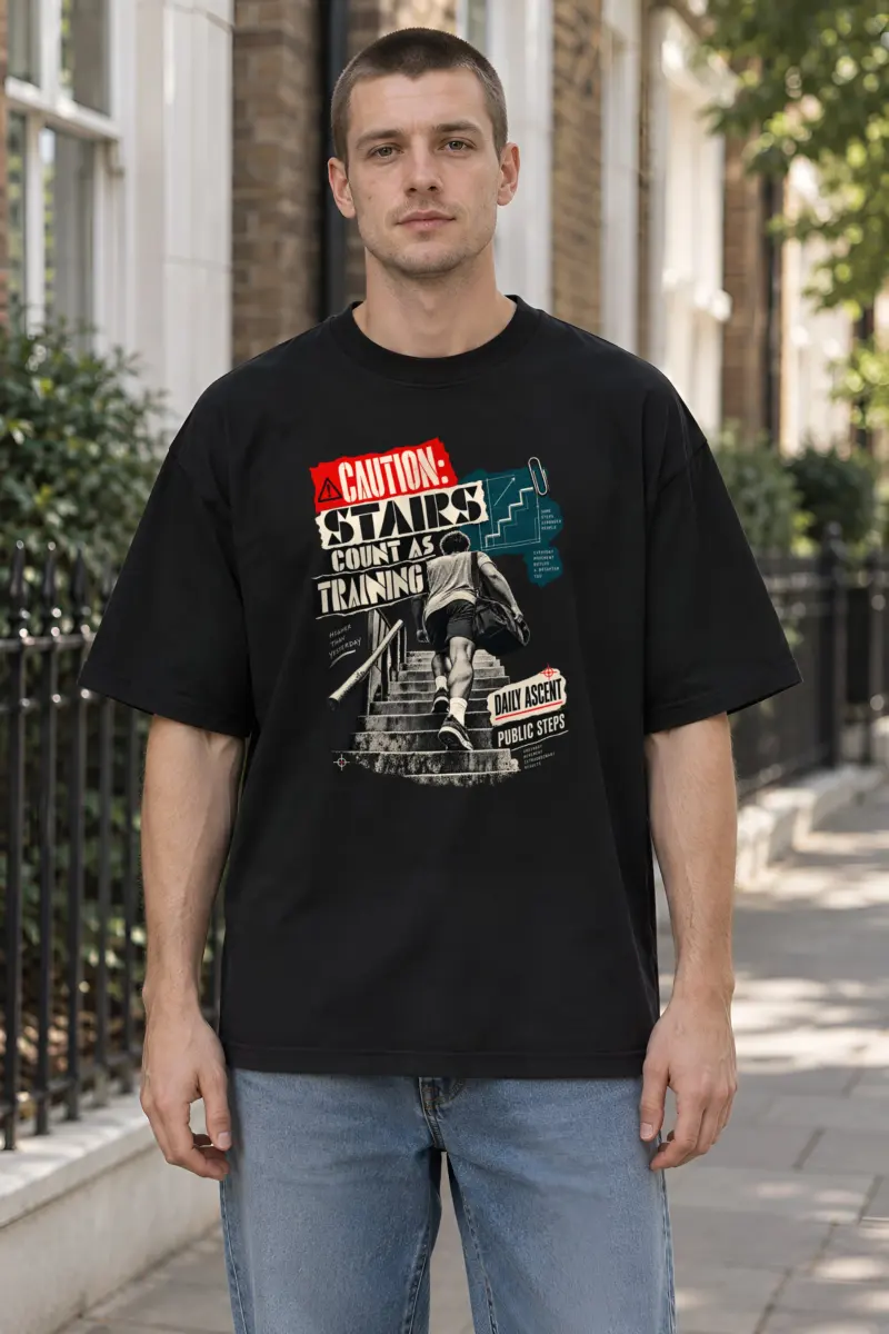 "Caution: Stairs Count As Training" Unisex Oversized Heavyweight Crewneck T-Shirt