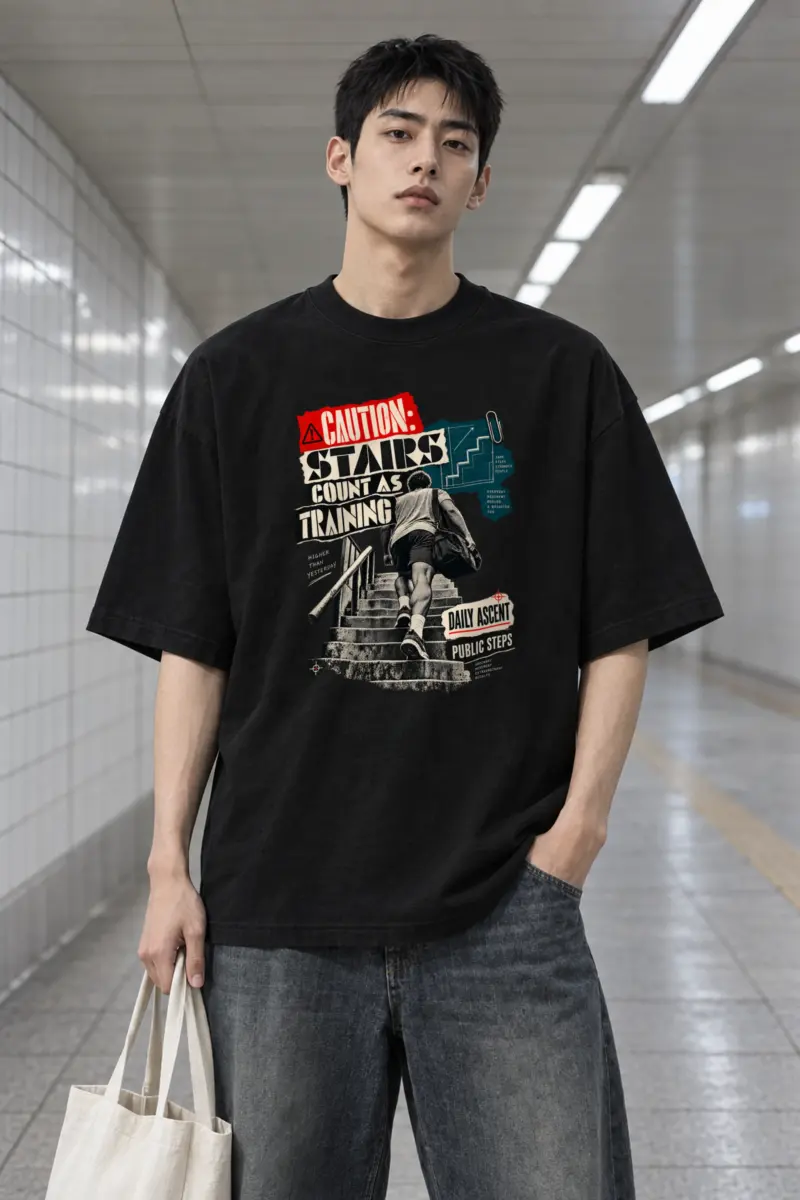 "Caution: Stairs Count As Training" Men's Oversized Heavyweight Crewneck T-Shirt