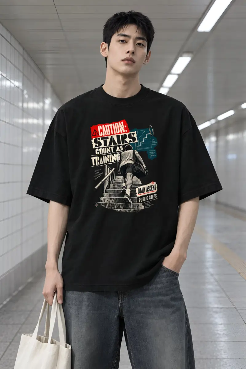 "Caution: Stairs Count As Training" Men's Oversized Heavyweight Crewneck T-Shirt