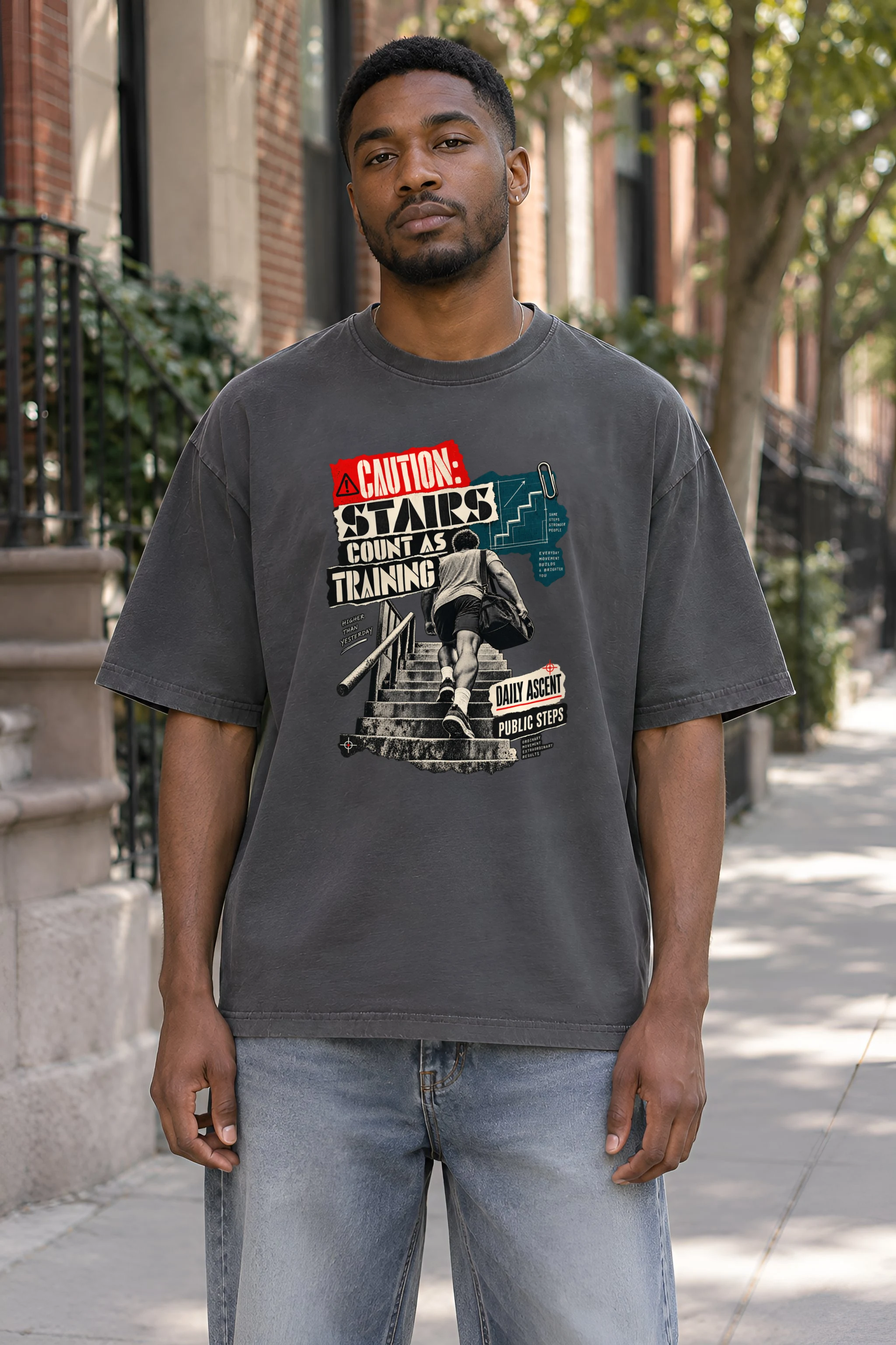 "Caution: Stairs Count As Training" Unisex Oversized Heavyweight Crewneck T-Shirt