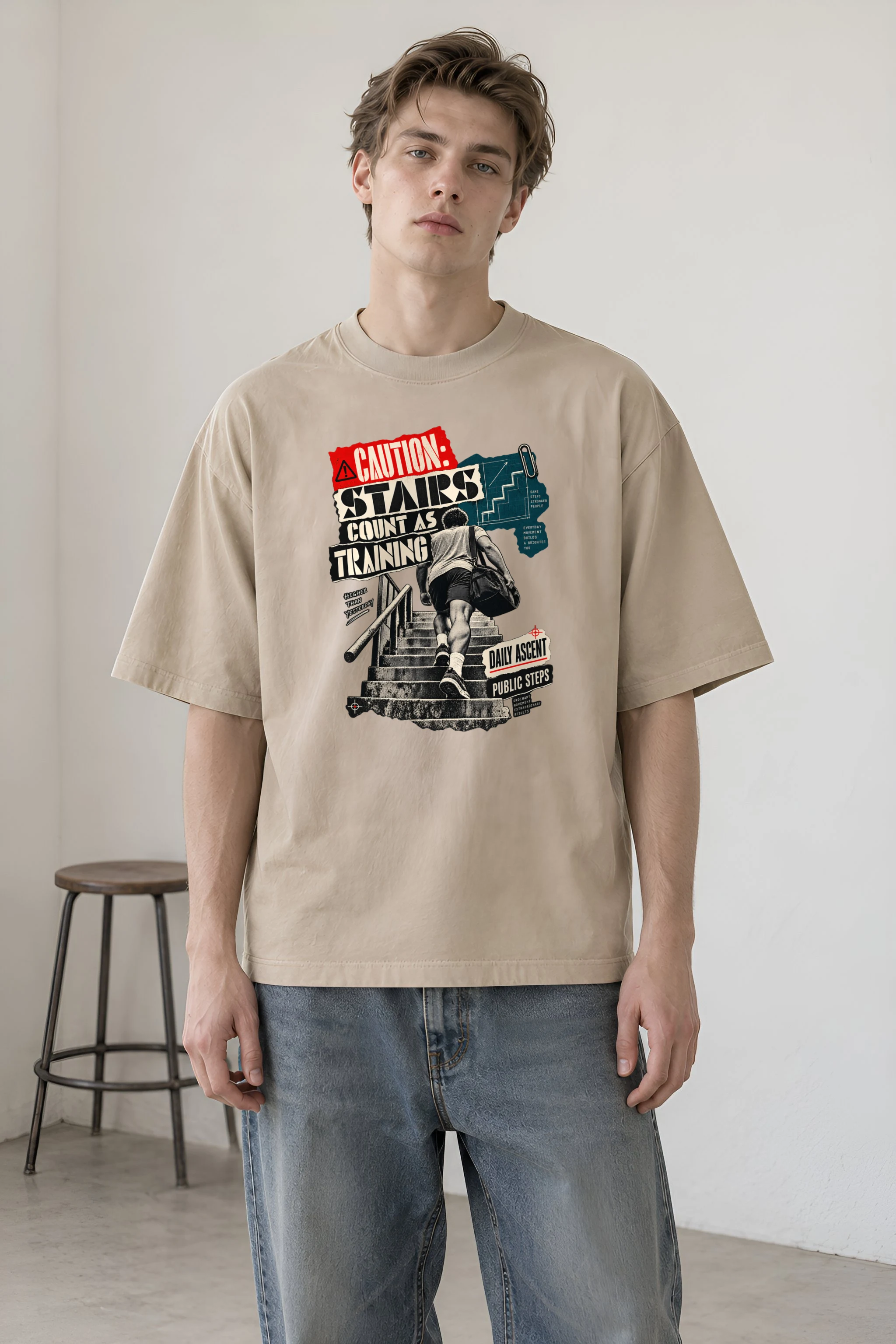 "Caution: Stairs Count As Training" Unisex Oversized Heavyweight Crewneck T-Shirt
