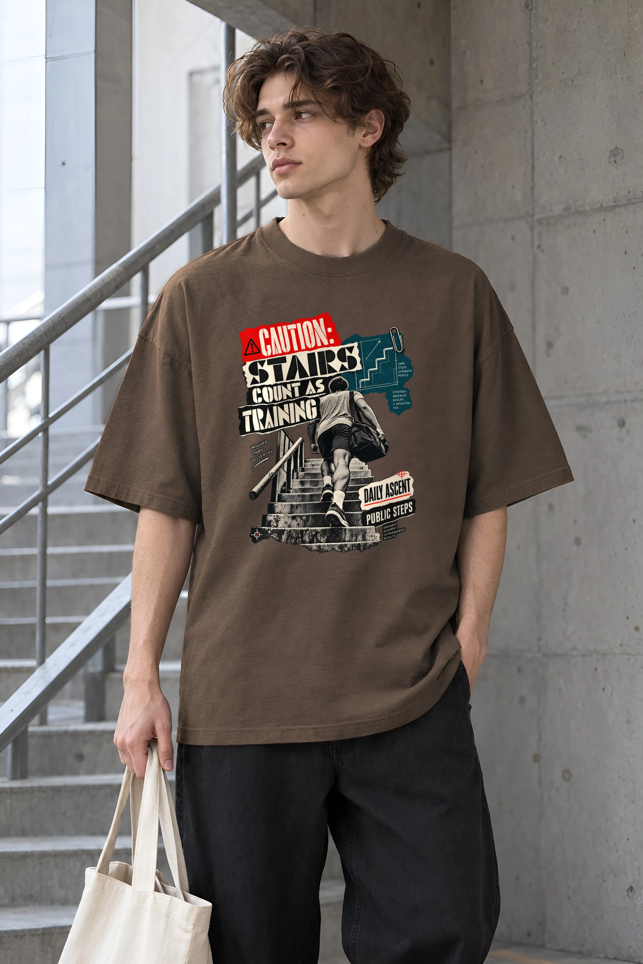 "Caution: Stairs Count As Training" Unisex Oversized Heavyweight Crewneck T-Shirt