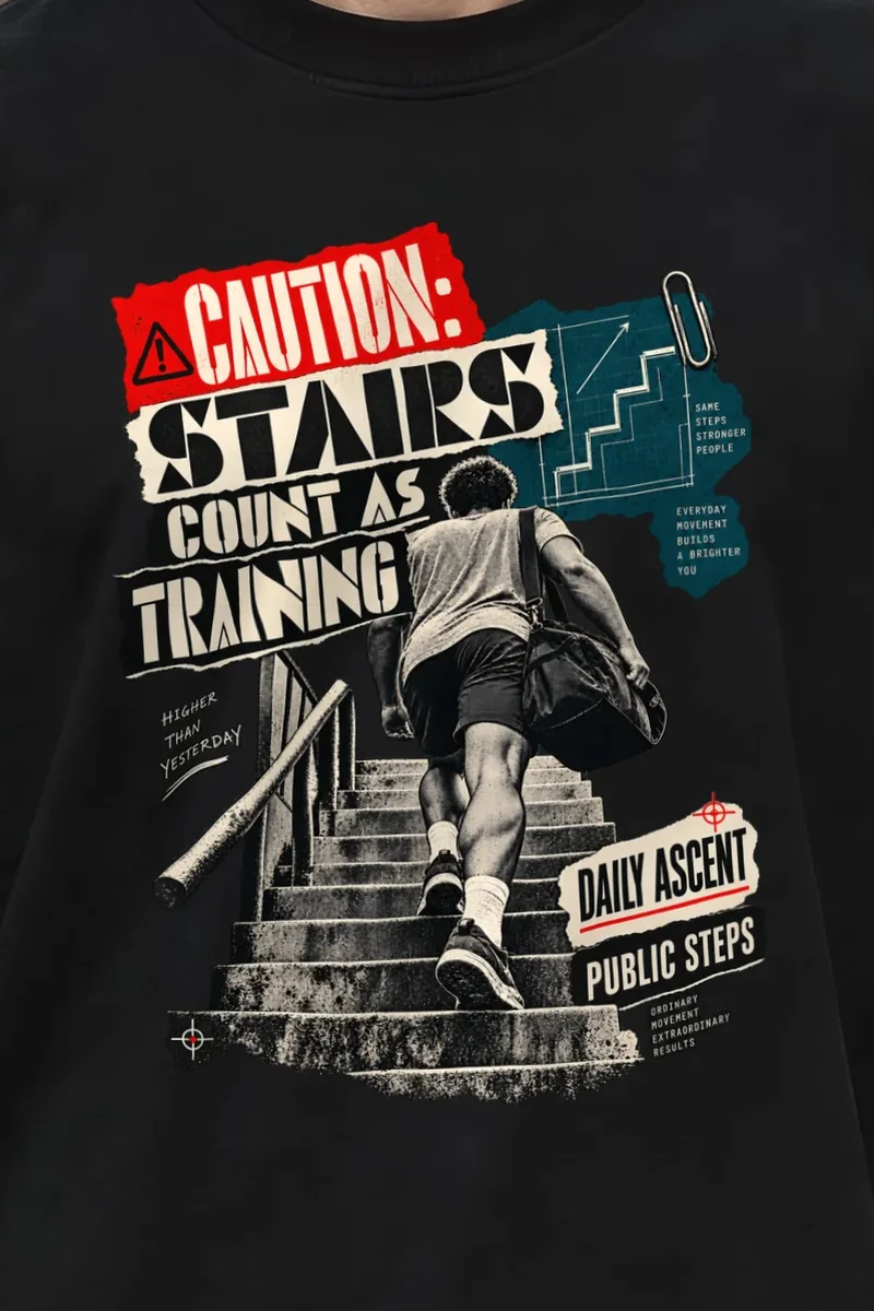 "Caution: Stairs Count As Training" Men’s Oversized Heavyweight Crewneck T-Shirt - the graphic up close