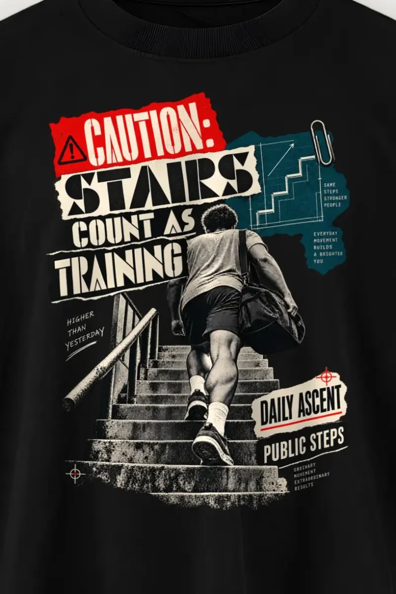 "Caution: Stairs Count As Training" Men’s Oversized Heavyweight Crewneck T-Shirt - the graphic up close