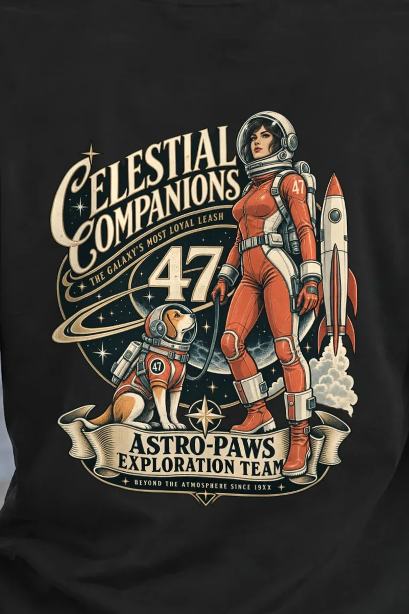 "Celestial Companions" Heavyweight Unisex Crewneck T-shirt - the graphic up close