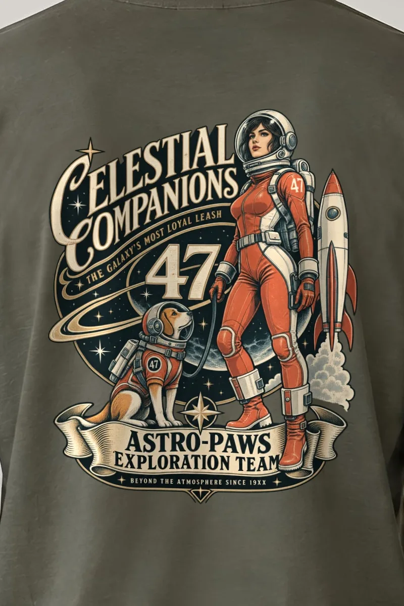 "Celestial Companions" Unisex Longsleeve T-shirt - the graphic up close