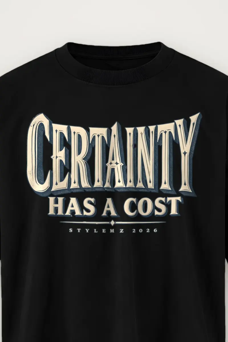 "Certainty Has a Cost" Men’s Oversized Heavyweight Crewneck T-Shirt - the graphic up close