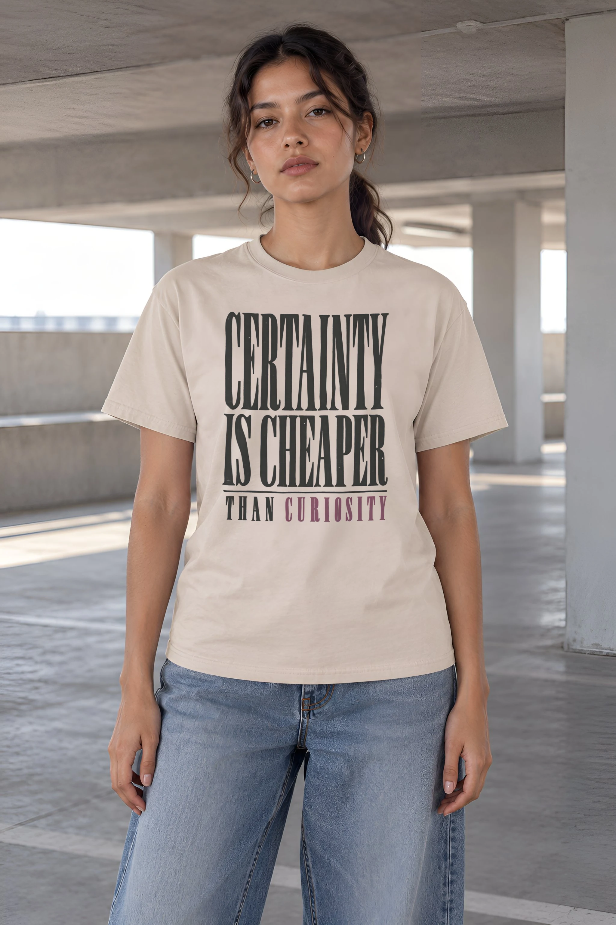"Certainty Is Cheaper Than Curiosity" Heavyweight Unisex Crewneck T-shirt