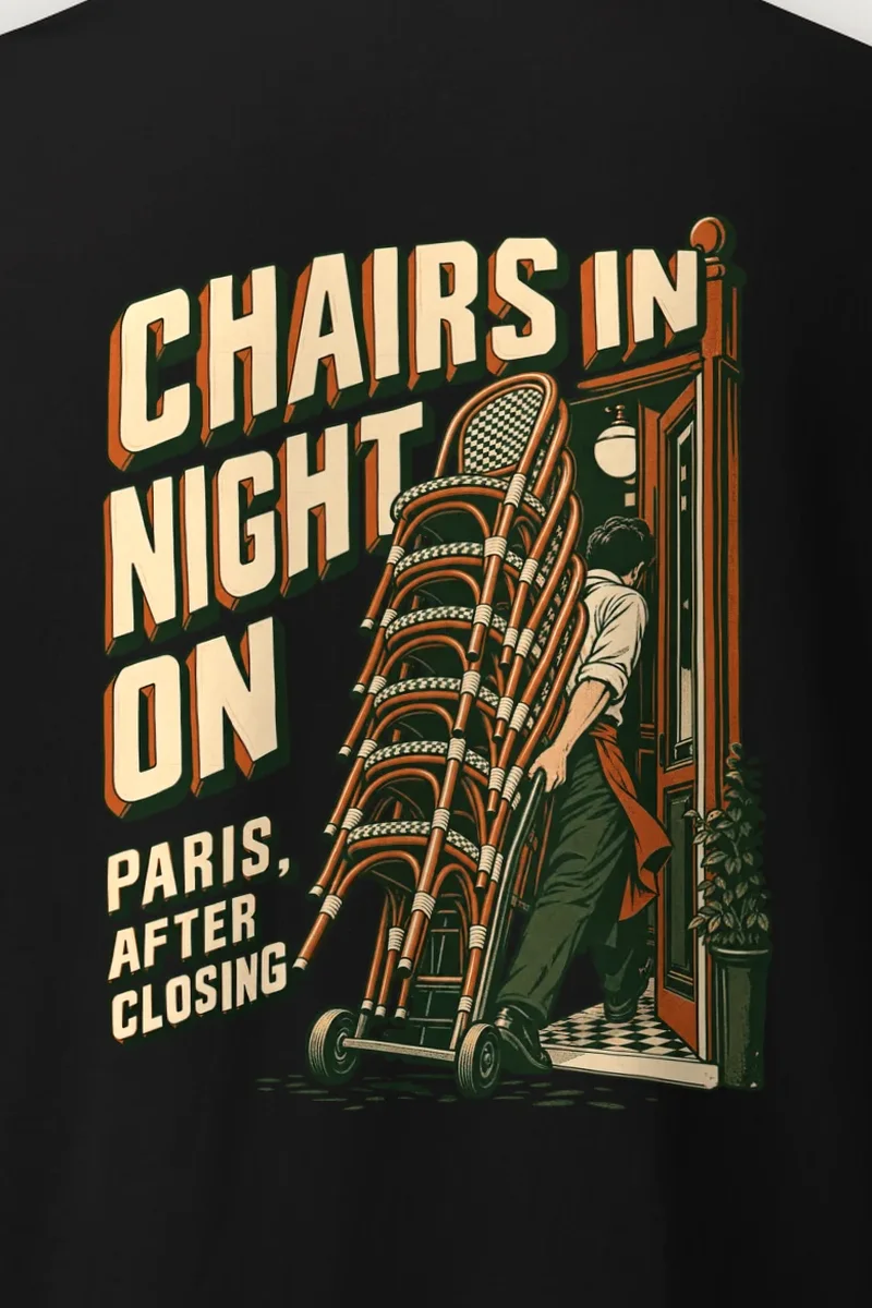 "Chairs In Night On Paris, After Closing" Heavyweight Unisex Crewneck T-shirt - the graphic up close