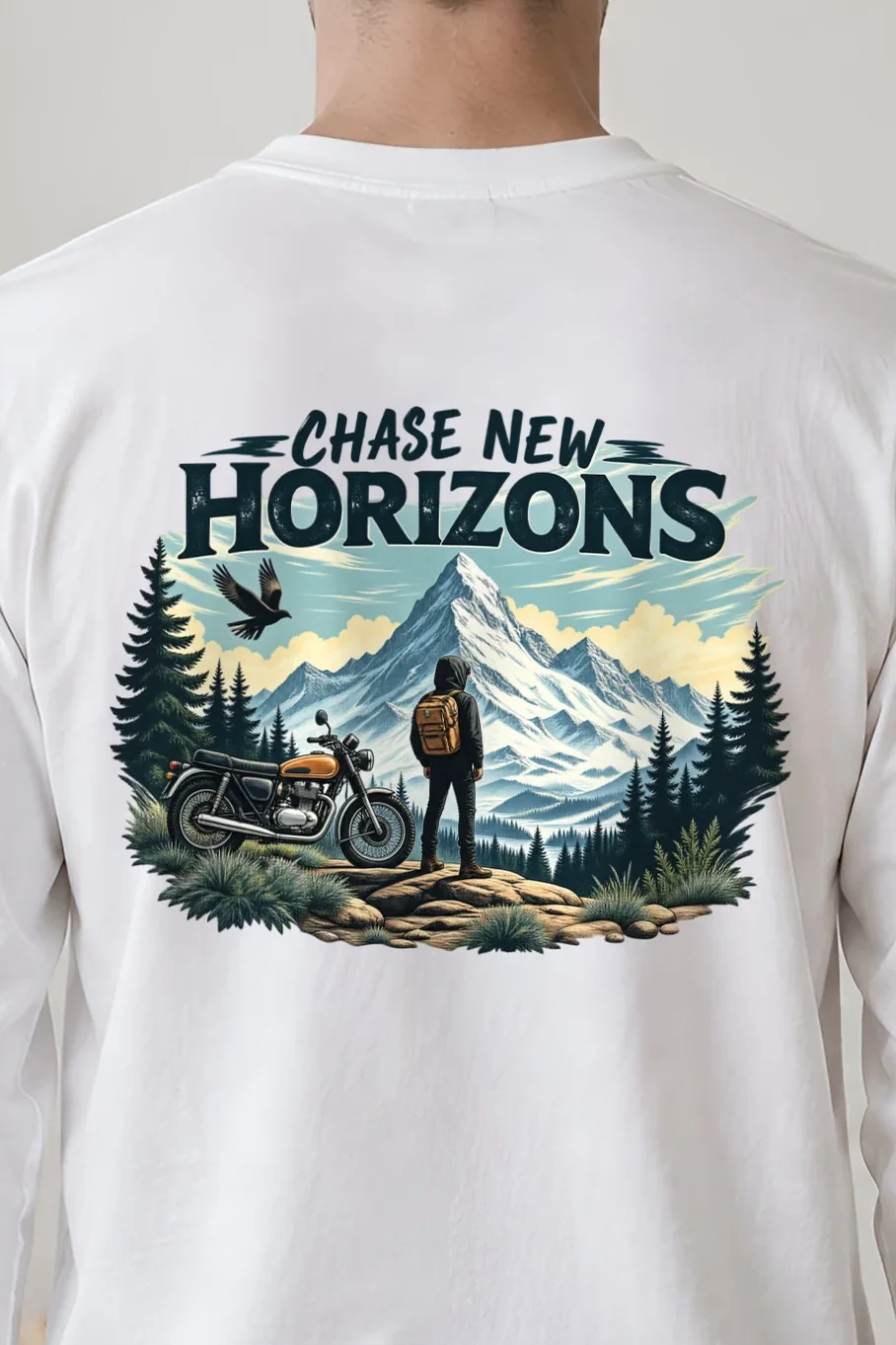 "Chase New Horizons" Unisex Longsleeve T-shirt - the graphic up close