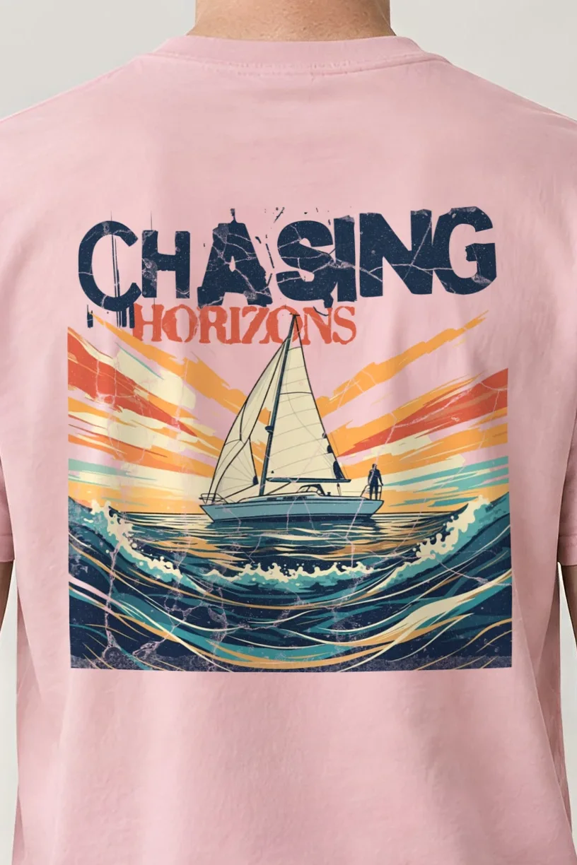 "Chasing Horizons" Heavyweight Unisex Crewneck T-shirt - the graphic up close